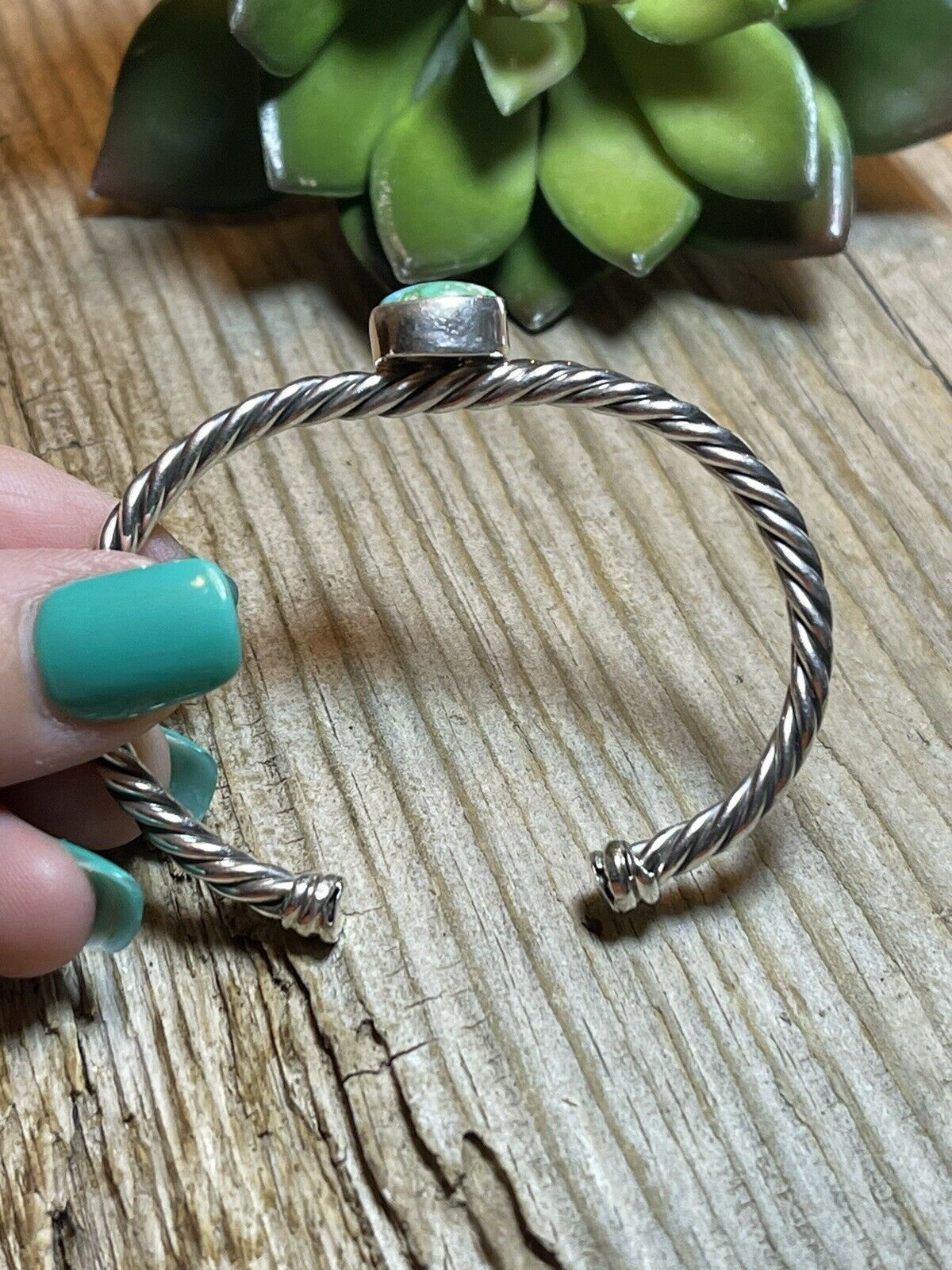 Handcrafted Sterling Silver Rope Twist Natural Turquoise Cuff Bracelet