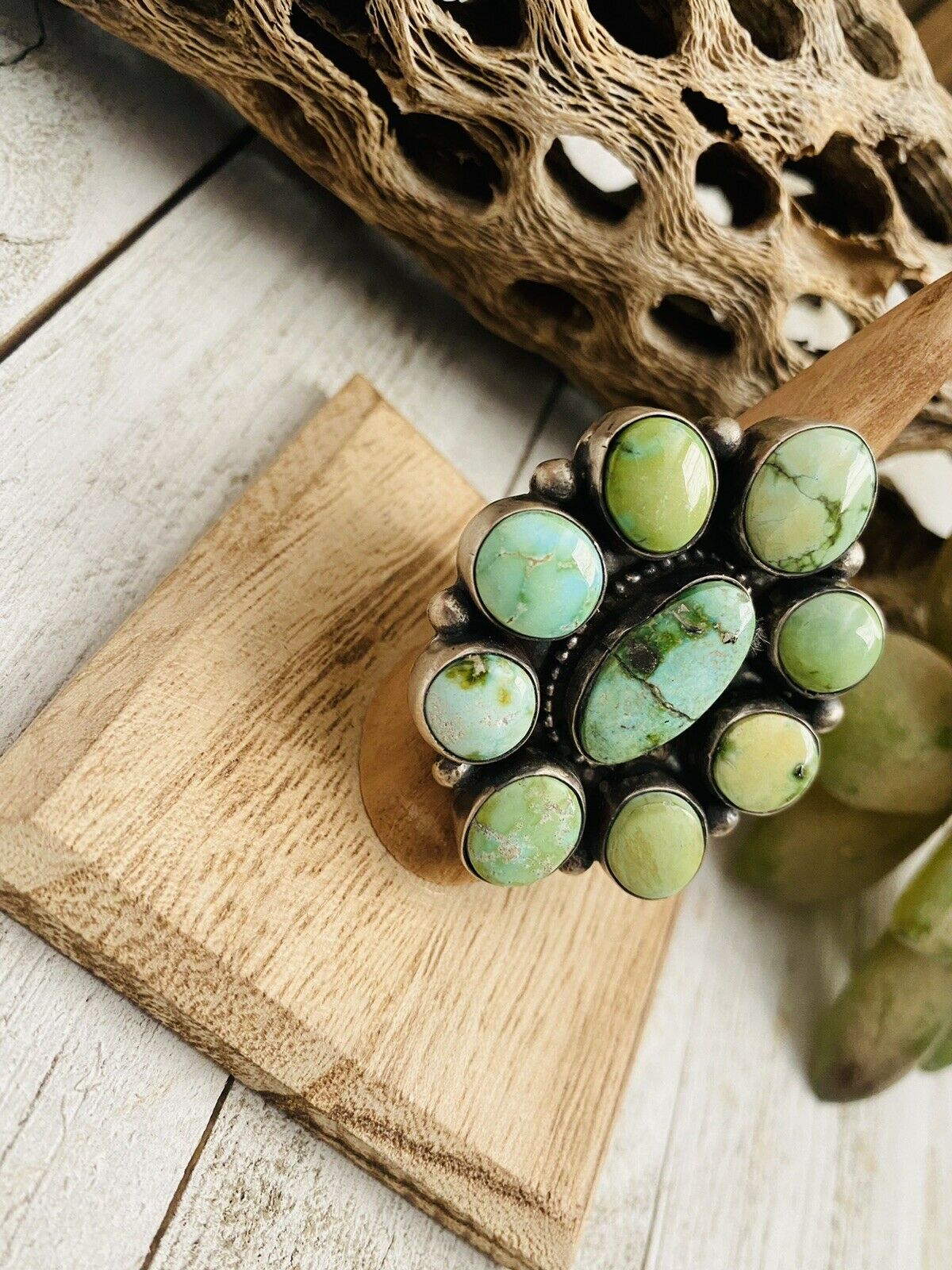 Handcrafted Sonoran Gold Turquoise & Sterling Silver Cluster Ring Size 7 Signed