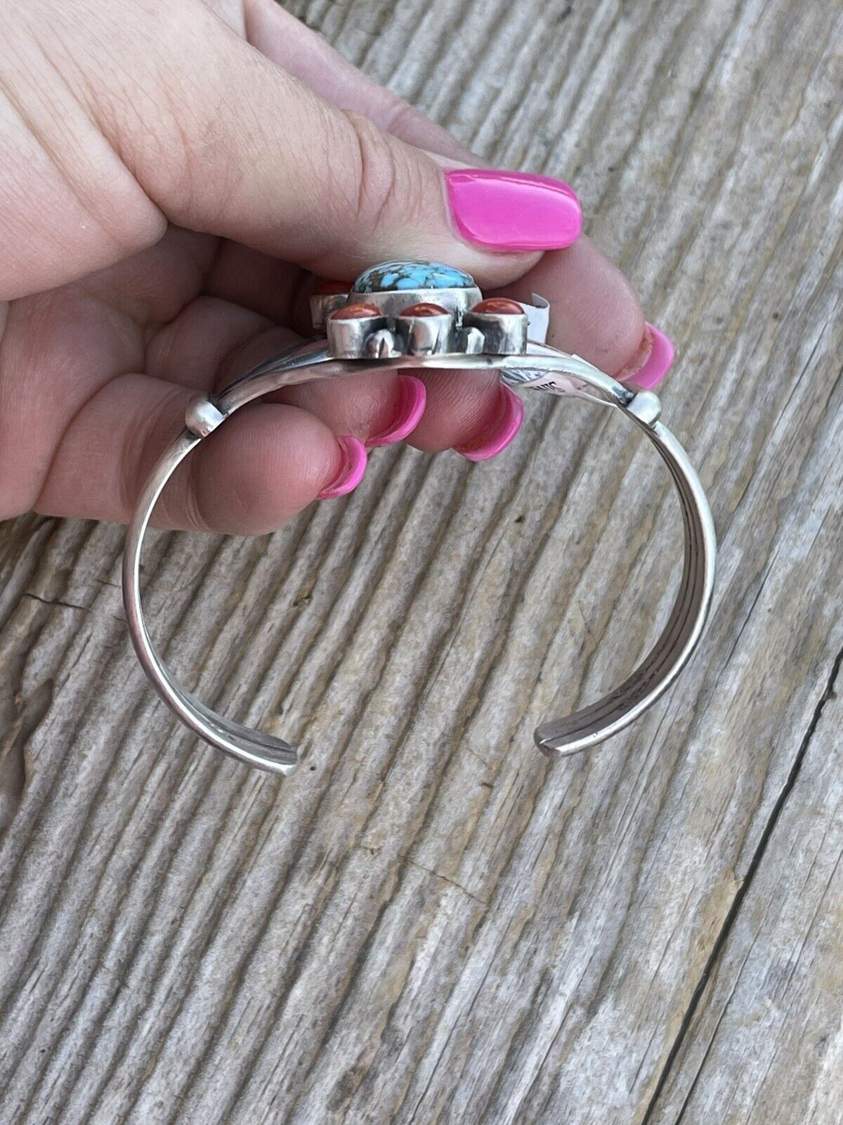 Navajo Sterling Kingman Web Turquoise & Red Coral Taos Bracelet Cuff by Bobby Johnson /