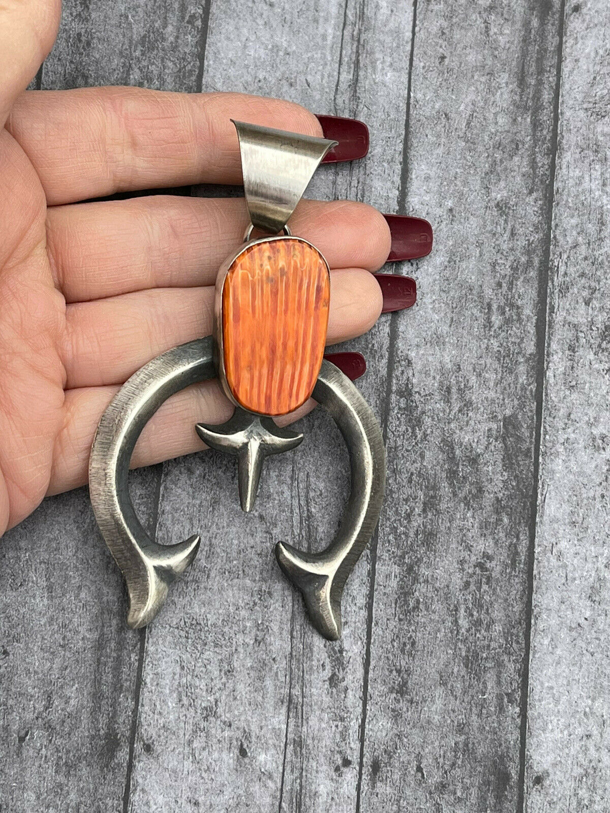 Handcrafted Chimney Butte Orange Spiny & Sterling Silver Naja Pendant Signed