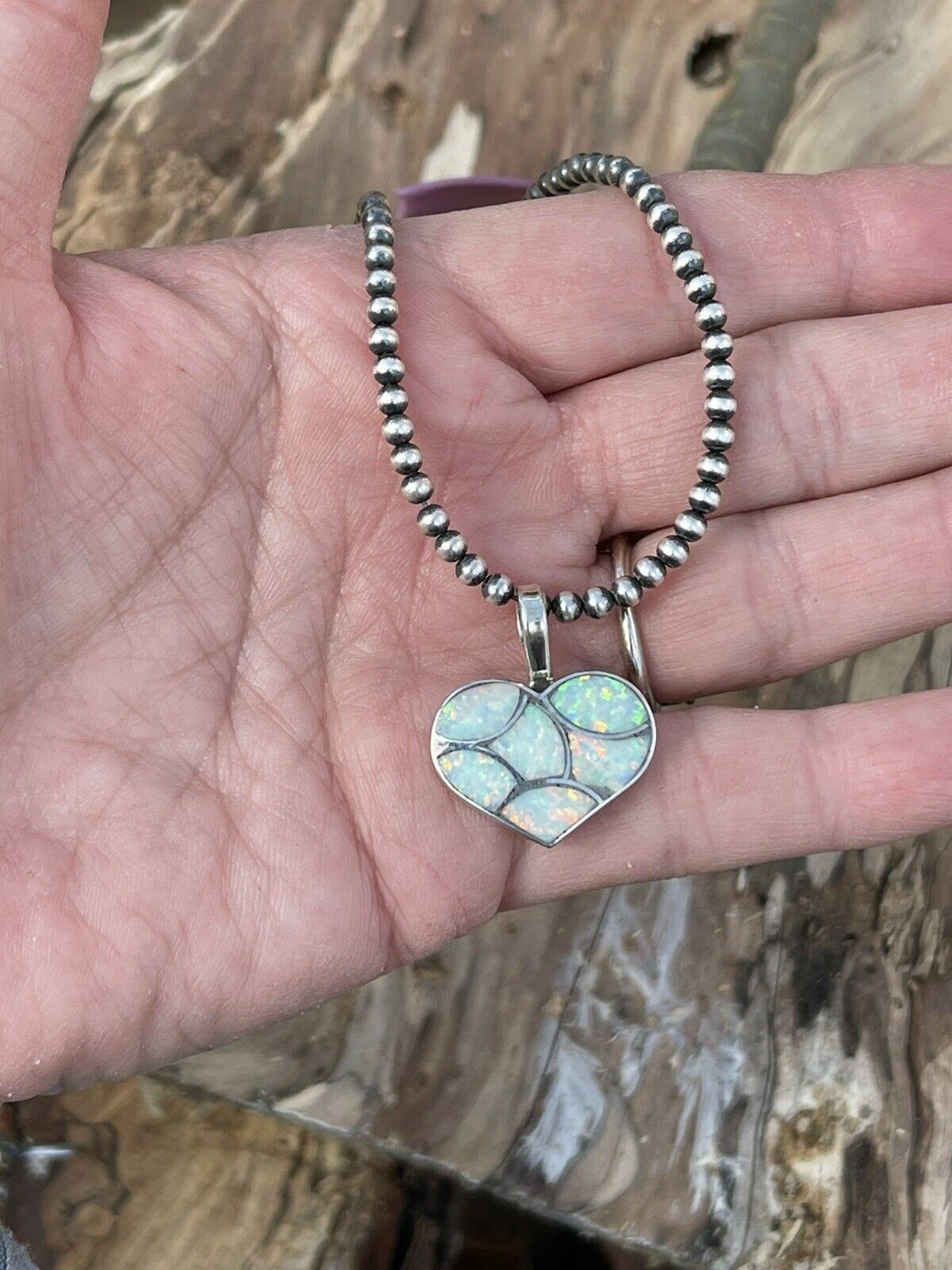 Handcrafted Iridescent White Opal & Sterling Silver Heart Pendant