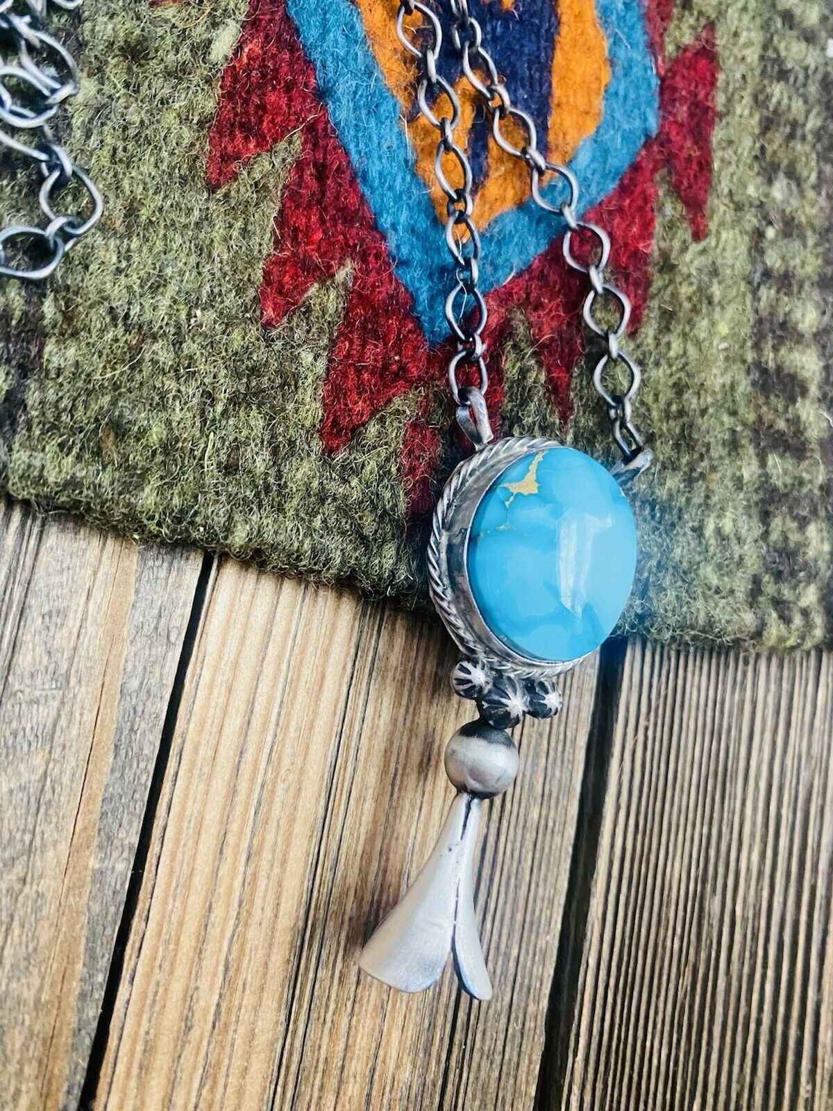 Handcrafted Sterling Silver & Kingman Turquoise Blossom Necklace Signed