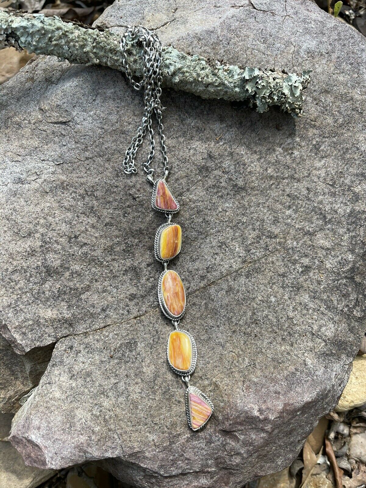 Handcrafted Spiny and Sterling 5 Stone Multi Shape Lariat Necklace