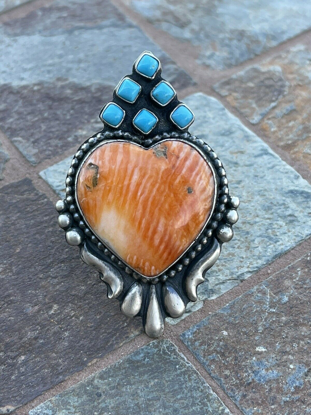 Handcrafted Sterling Silver Orange Spiny Heart & Turquoise Ring Sz 8