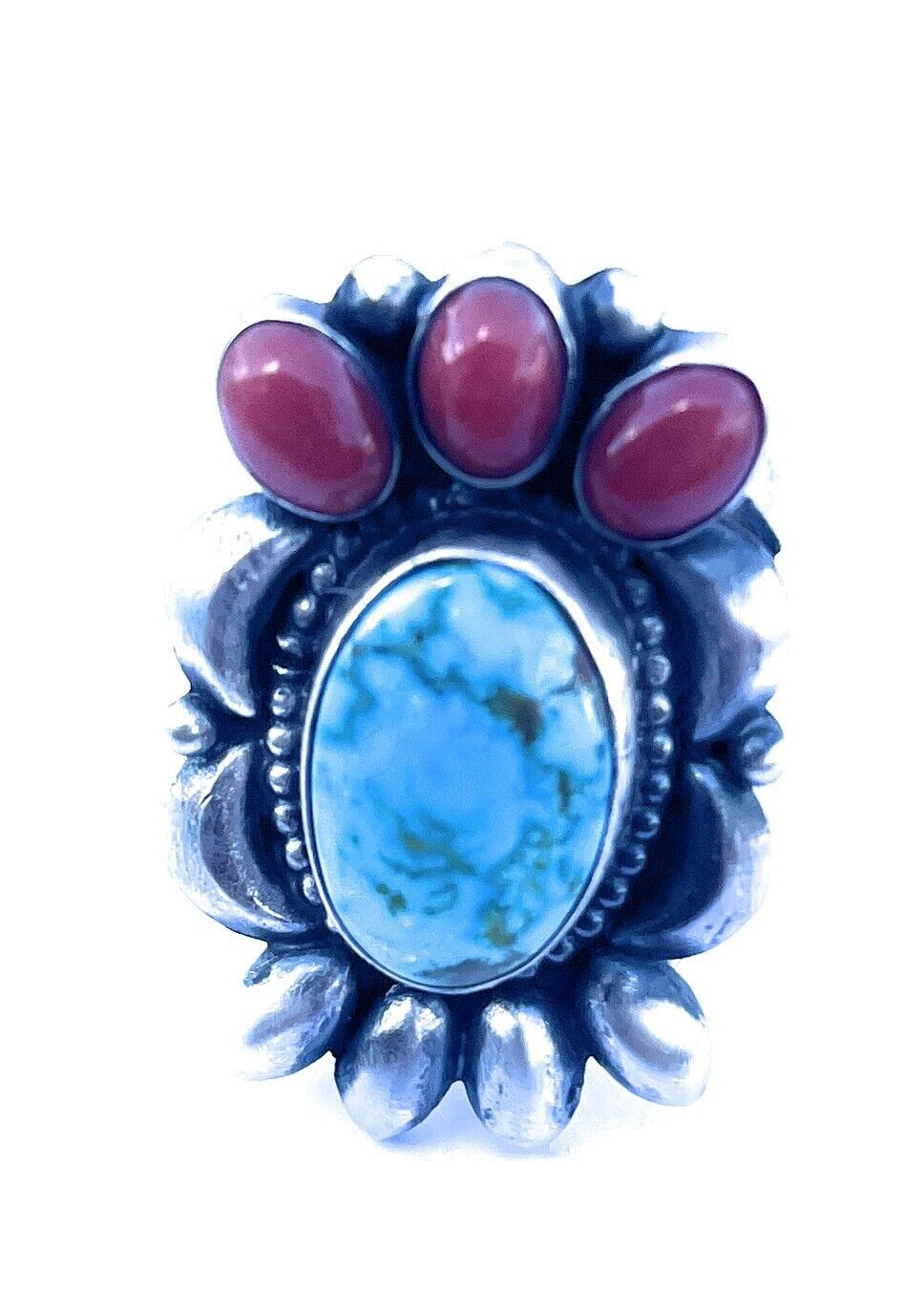 Navajo Sterling Kingman Web Turquoise & Red Coral Taos Collection Ring by Danny Clark, Sz 7.5