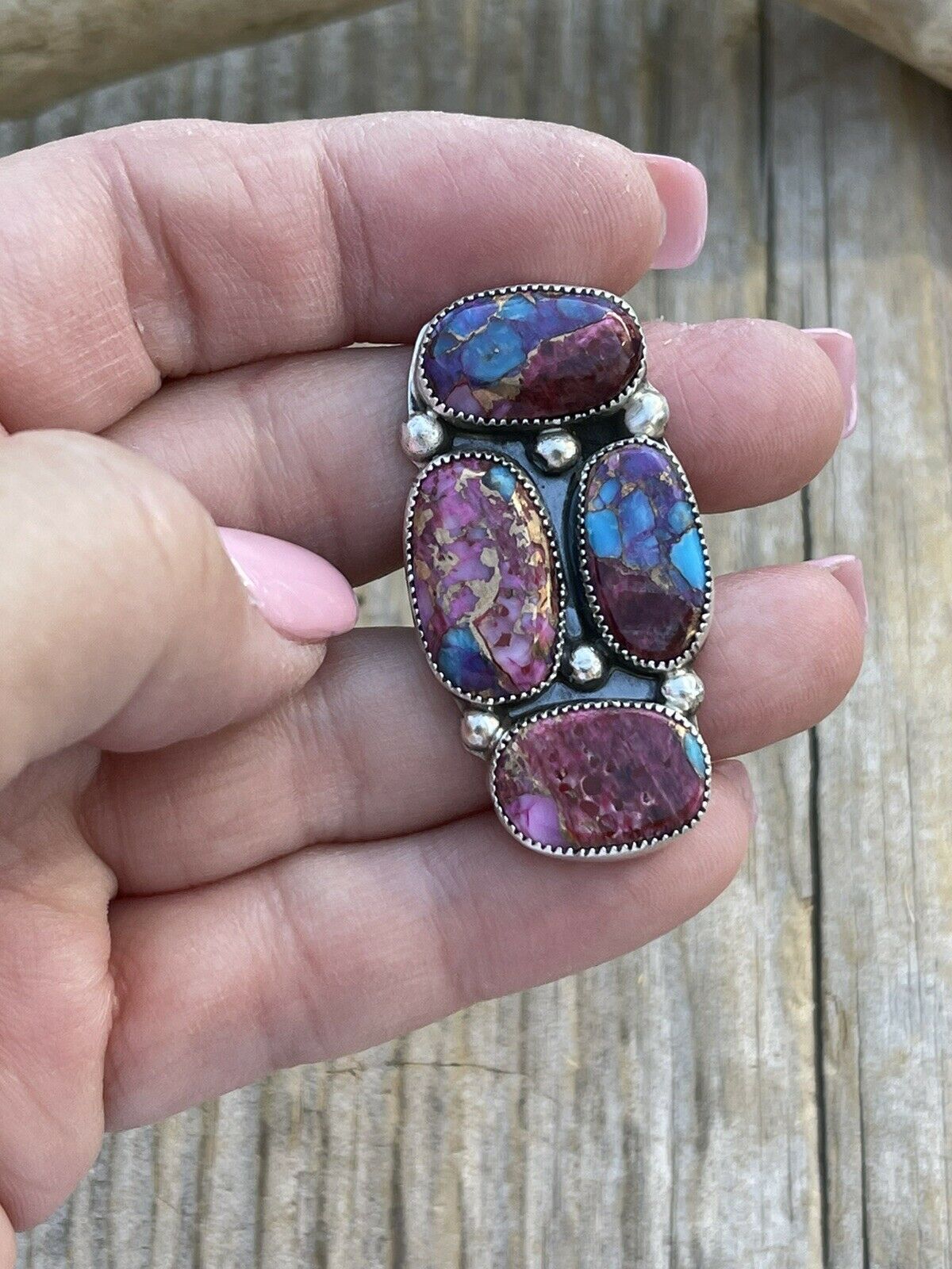 Handcrafted 4 stone Pink Dream Mohave & Sterling Silver Ring Size 6