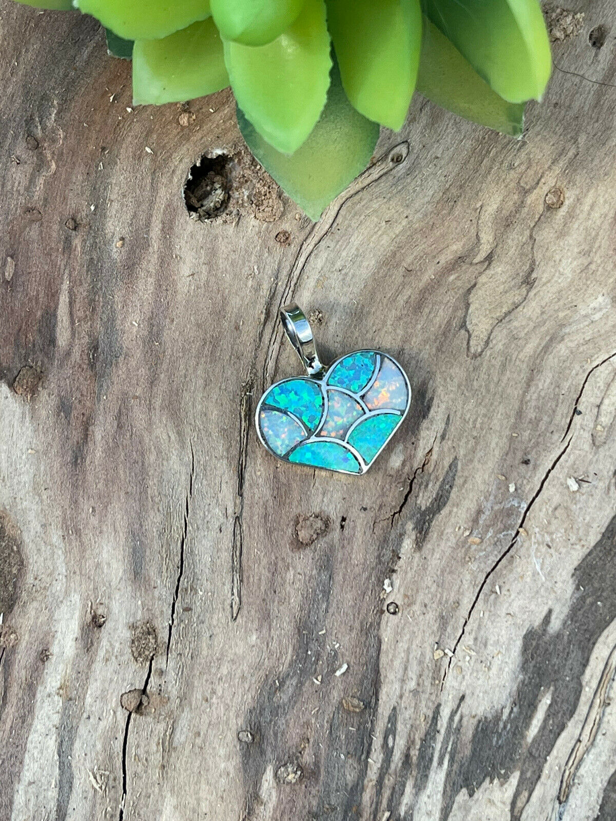 Zuni Iridescent Blue & White Opal & Sterling Silver Heart Pendant