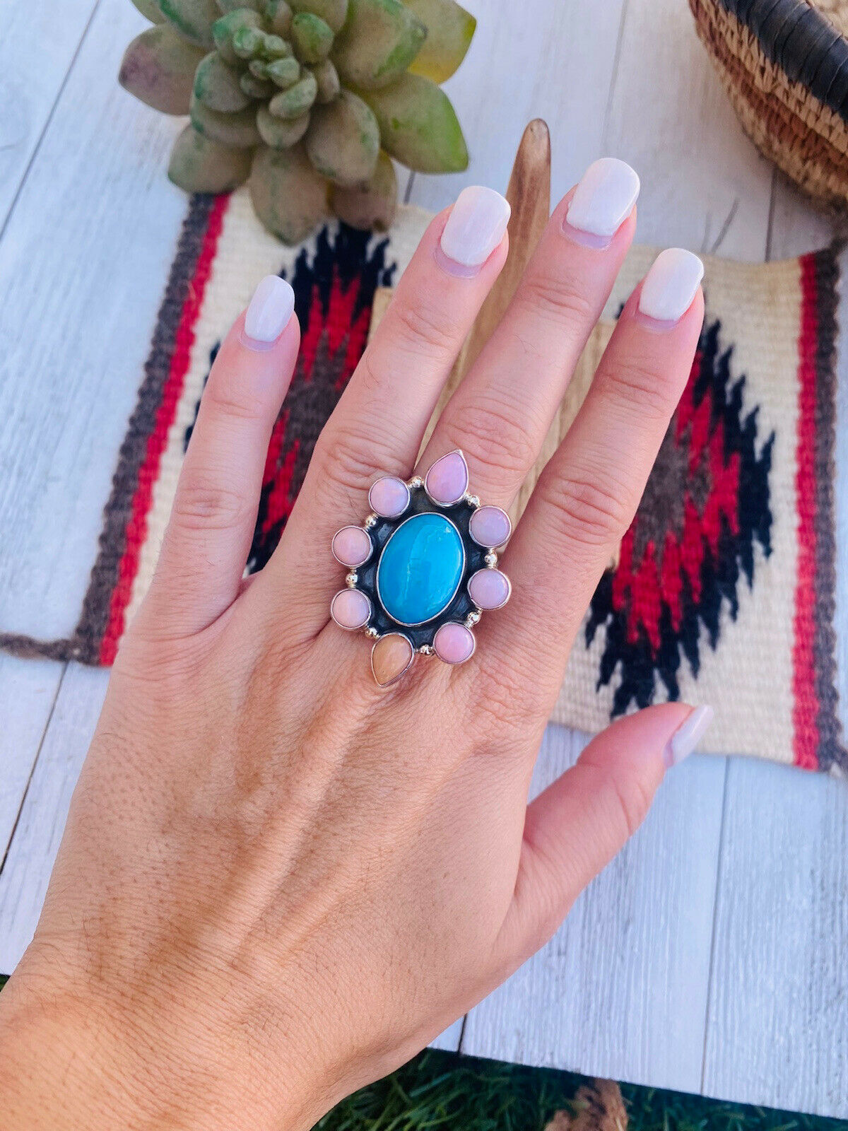 Handcrafted Rhodochrosite, Turquoise & Sterling Silver Cluster Ring Size 8.5