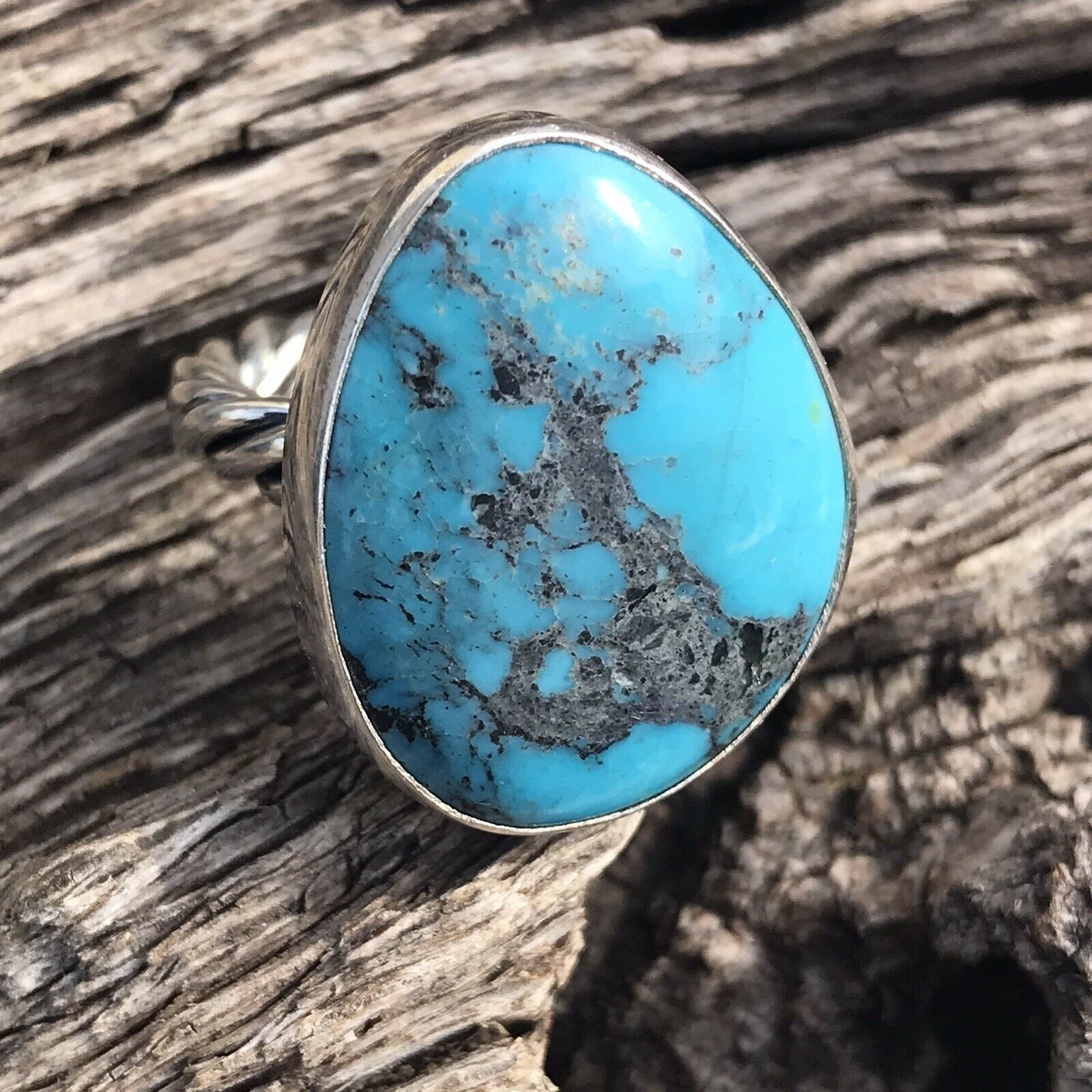 Handcrafted Stunning Rope Style Turquoise & Sterling Silver Ring Size 6