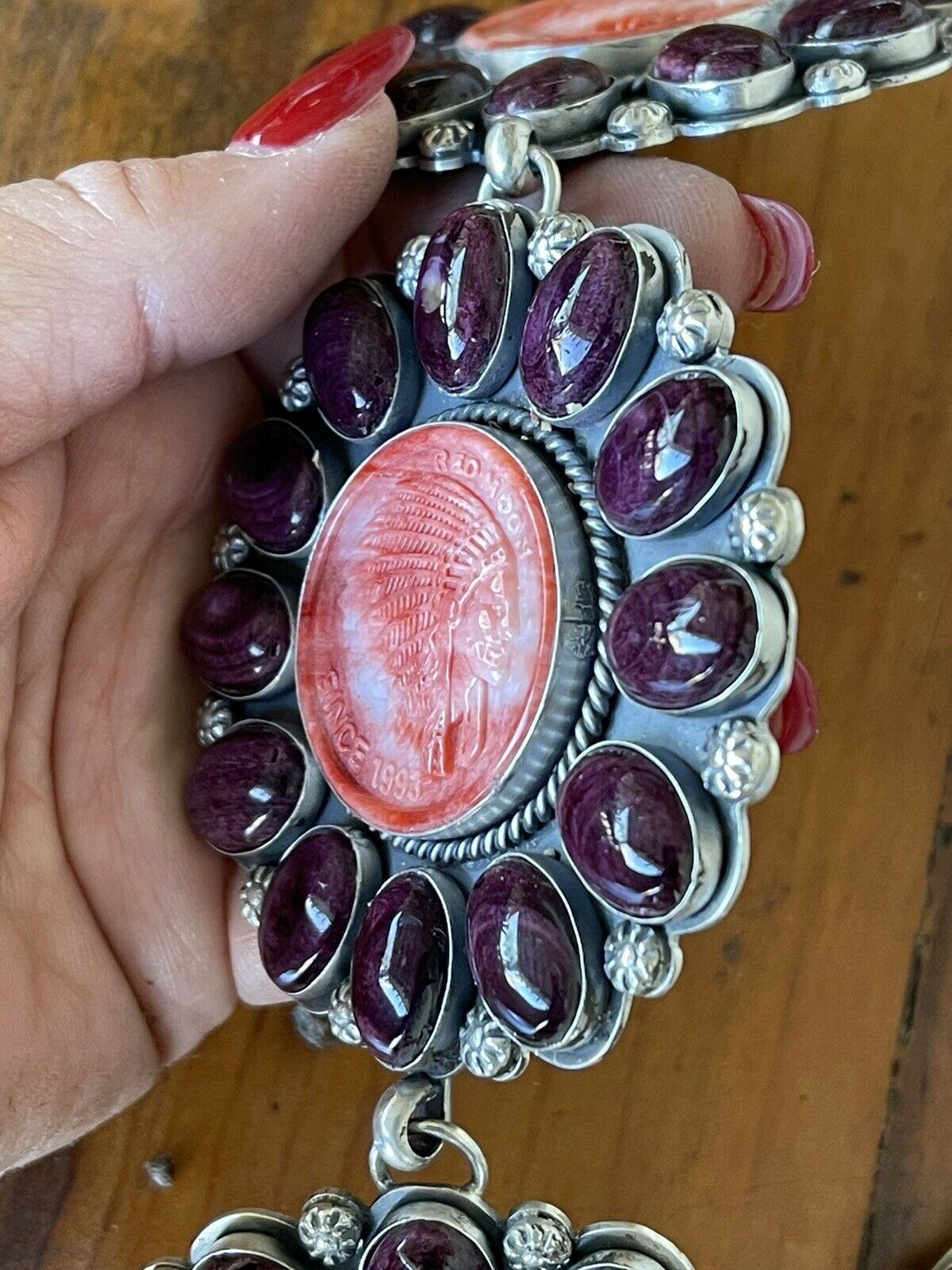 Handcrafted Stunning Sterling Silver, Carved Spiny Oyster and Turquoise Necklace by Gilbert Platero