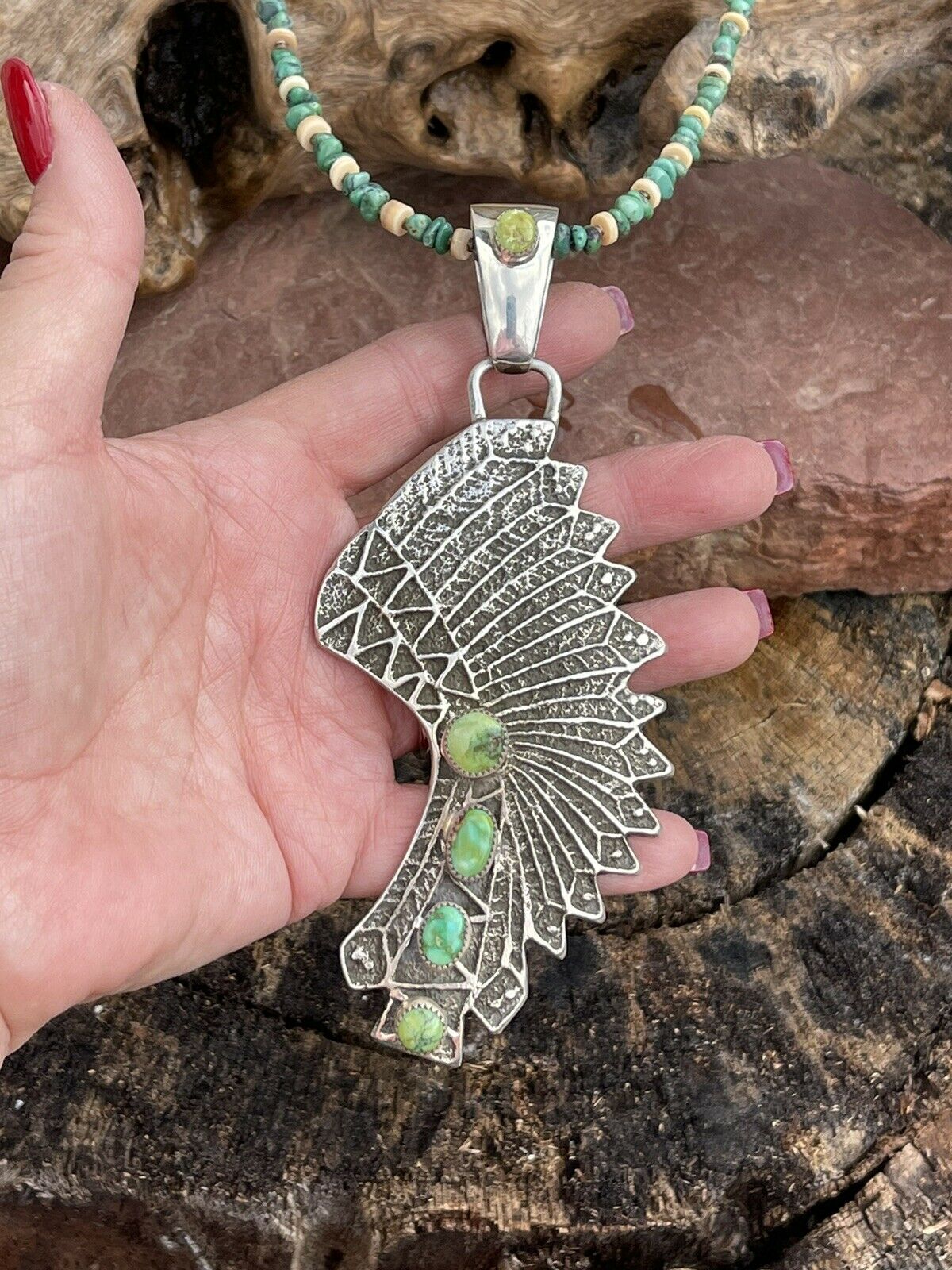 Handcrafted Sterling Silver Sonoran Gold Turquoise 4 Stone Indian Chief Pendant