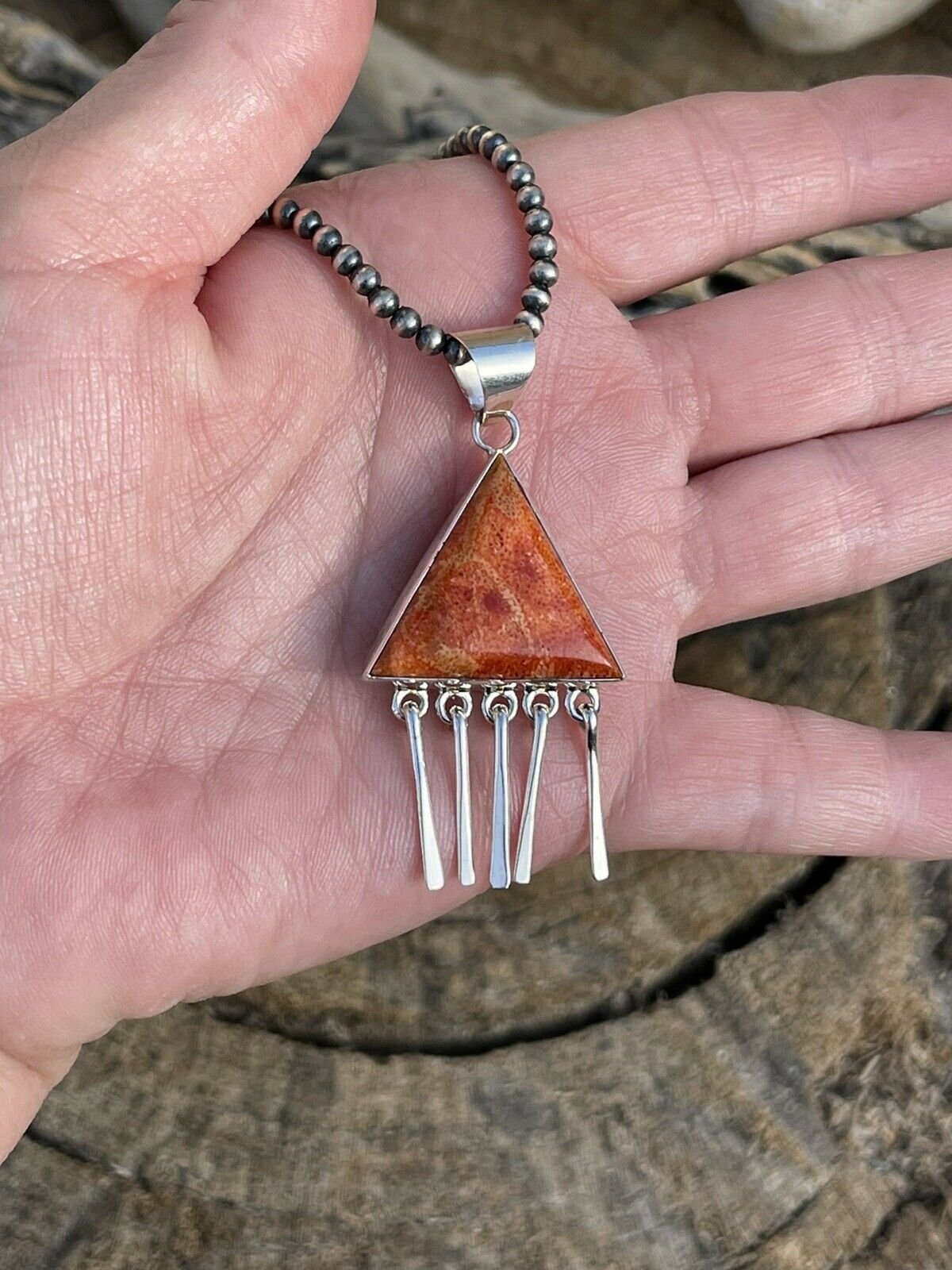 Handcrafted Sterling Silver Orange Spiny TrIangle Fringe Pendant Signed