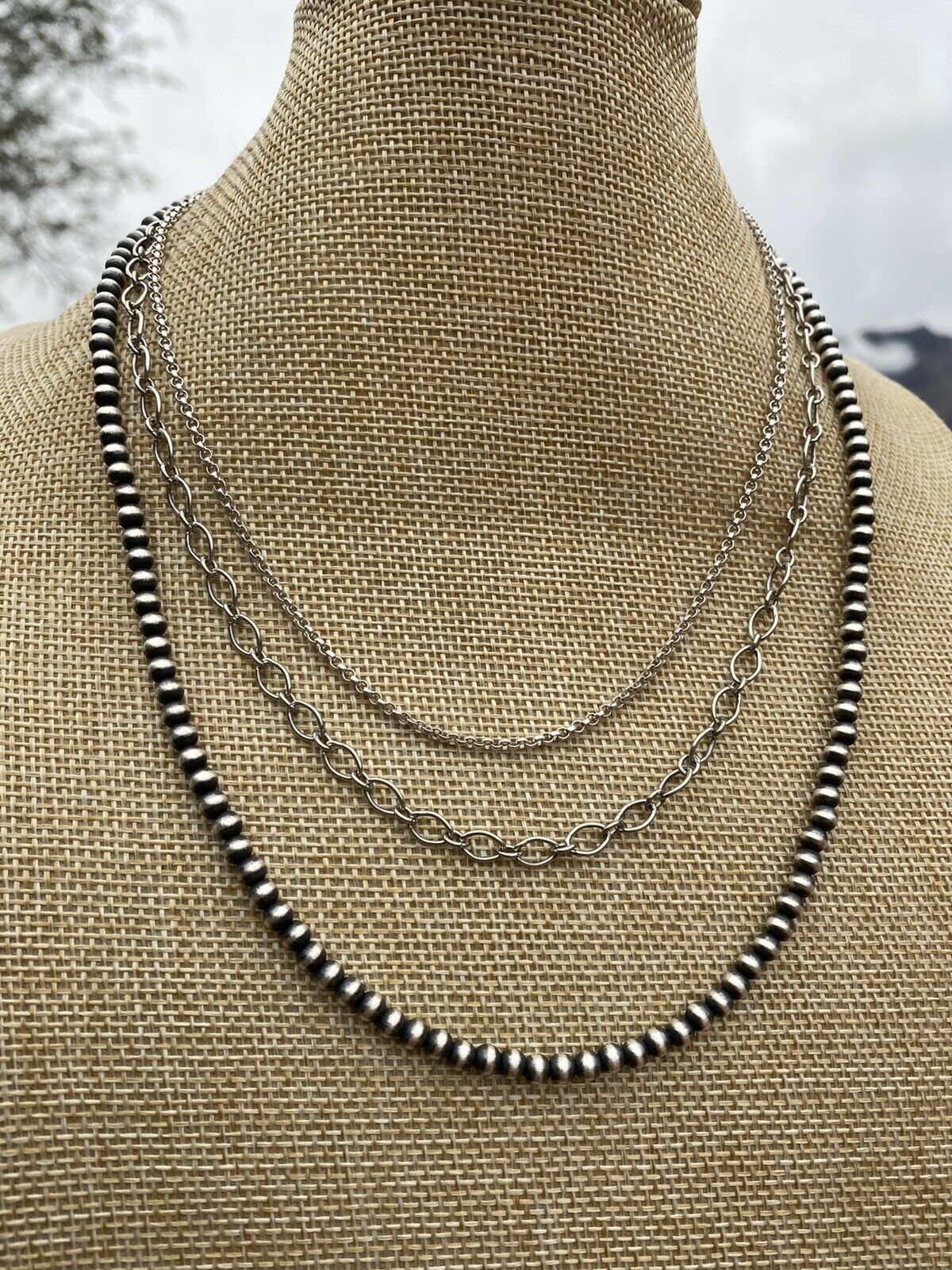 Handcrafted 3 Strand Sterling Silver Navajo Pearl & Chain Necklace 16-20 Inches