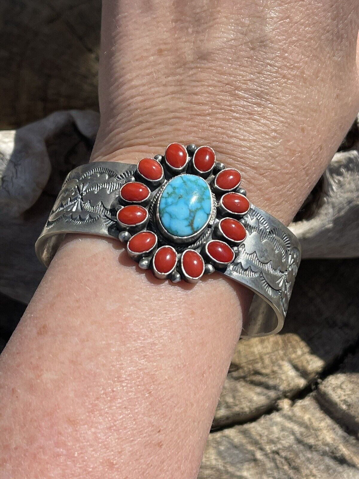Navajo Sterling Kingman Web Turquoise & Red Coral Taos Bracelet Cuff by Bobby Johnson /