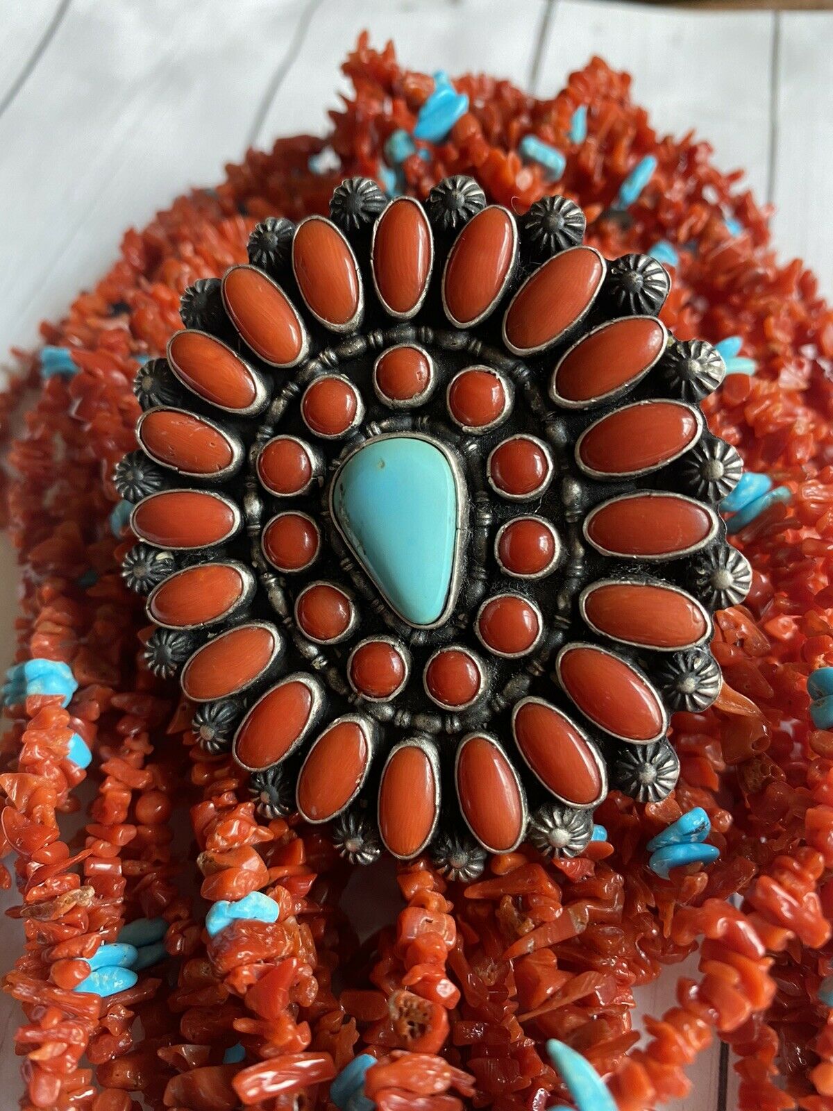 Shawn Cayatenito Sterling Silver Turquoise & Coral Statement Ring Size 8 Signed