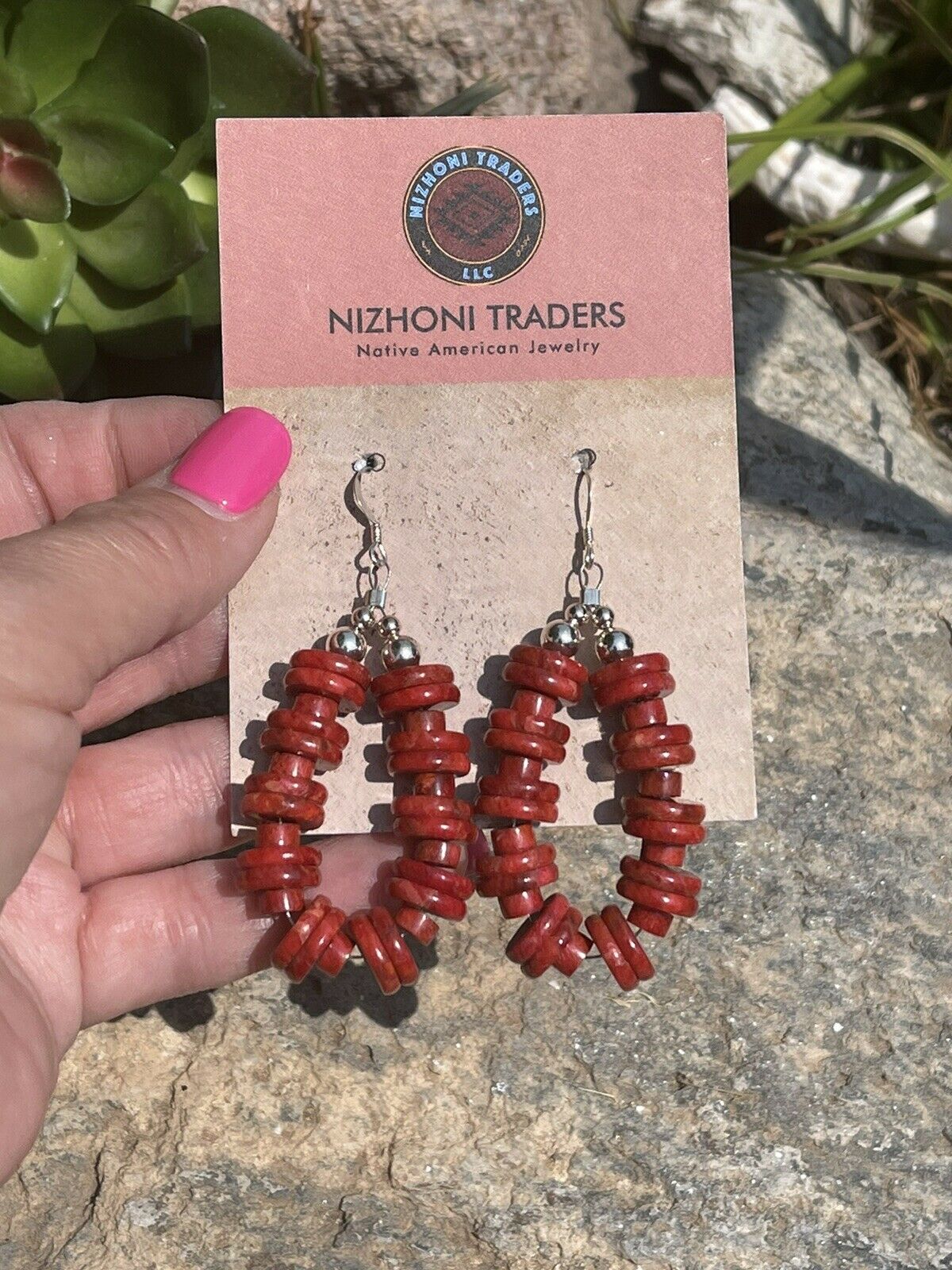 Handcrafted Sterling Silver Double Bead Apple Coral Dangle Hoop Earrings