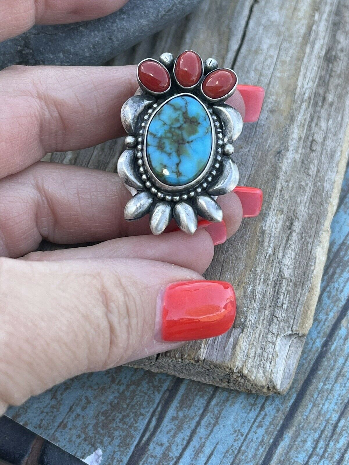 Handcrafted Sterling Silver Kingman Web Turquoise & Red Coral Taos Collection Ring Sz 6