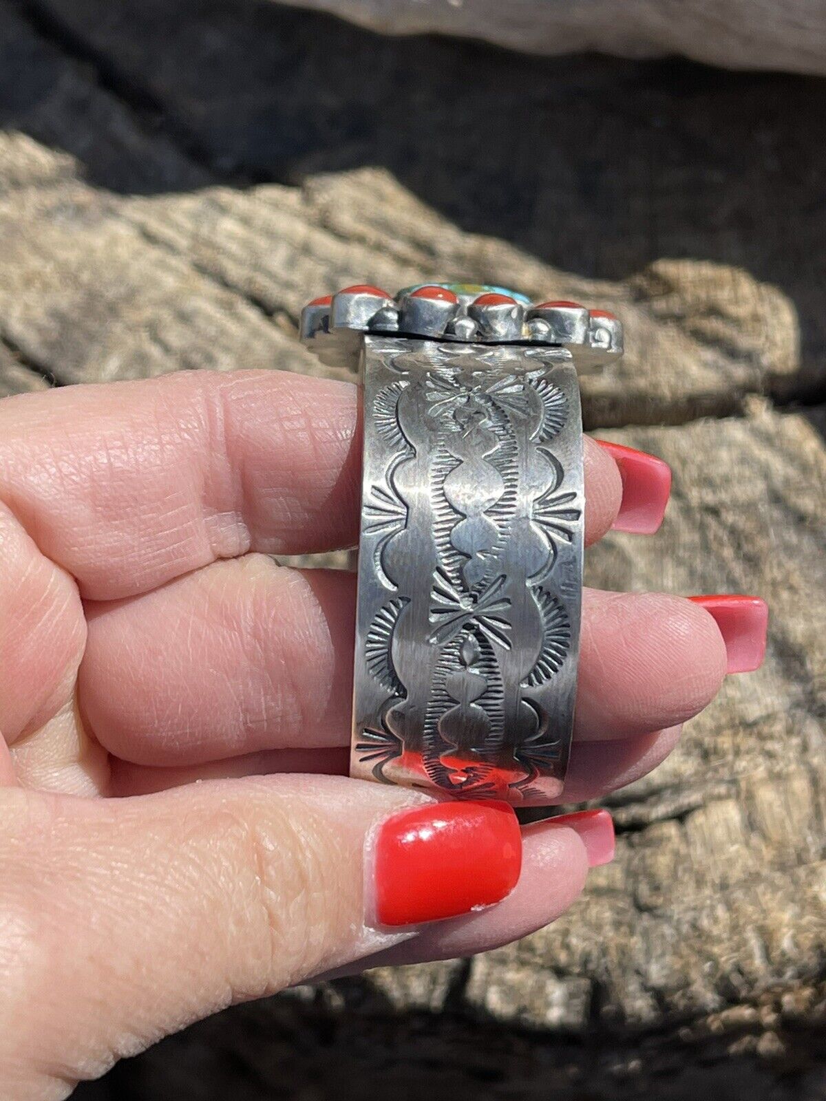 Navajo Sterling Kingman Web Turquoise & Red Coral Taos Bracelet Cuff by Bobby Johnson /