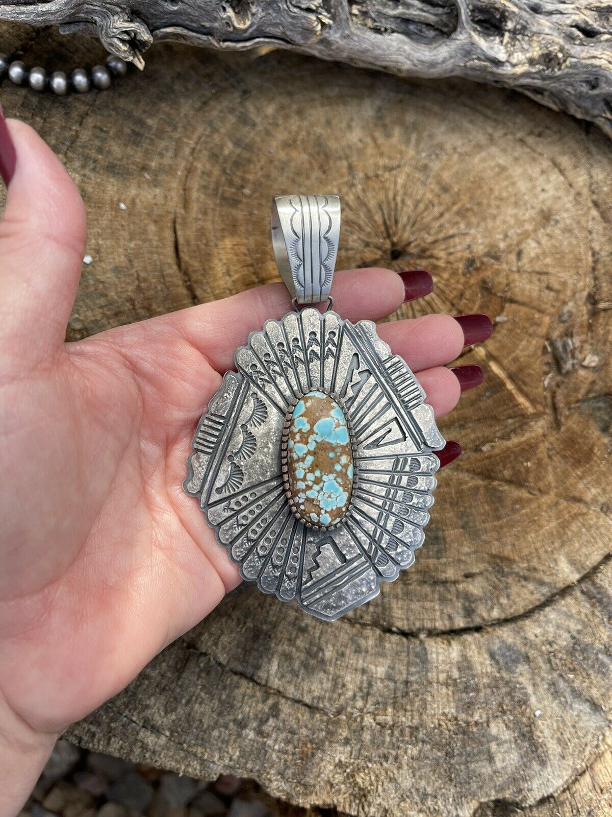 Handcrafted Number 8 Turquoise & Sterling Tufa Cast Jumbo Pendant Signed
