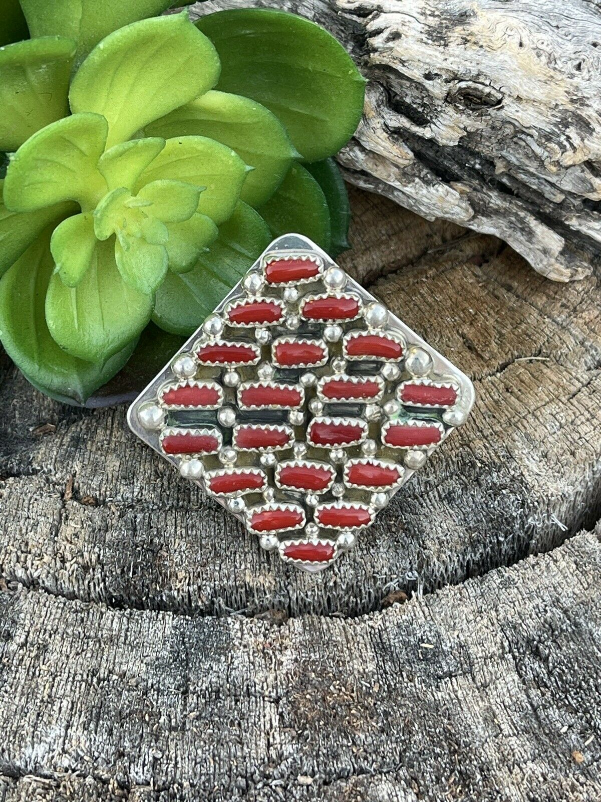 Handcrafted Sterling Silver Square Platform Red Coral Ring Sz 8