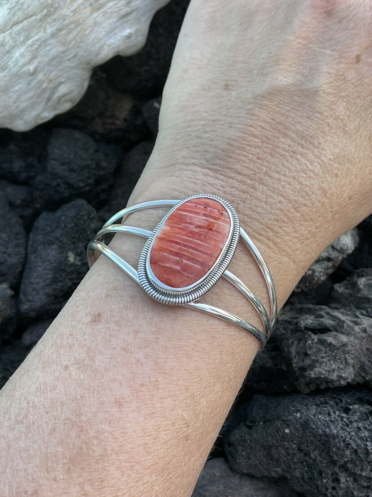 Handcrafted Orange Spiny Sterling Silver Cuff Bracelet Stamped Wydell Billie /