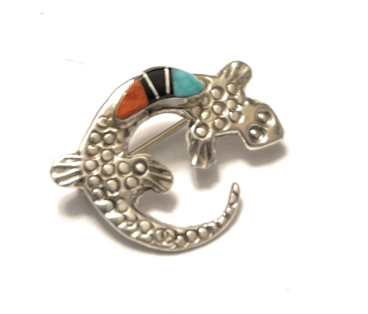 HandcraftedSterling Silver Turquoise, Onyx and Spiny Stone Lizard Pendant Pin Signed