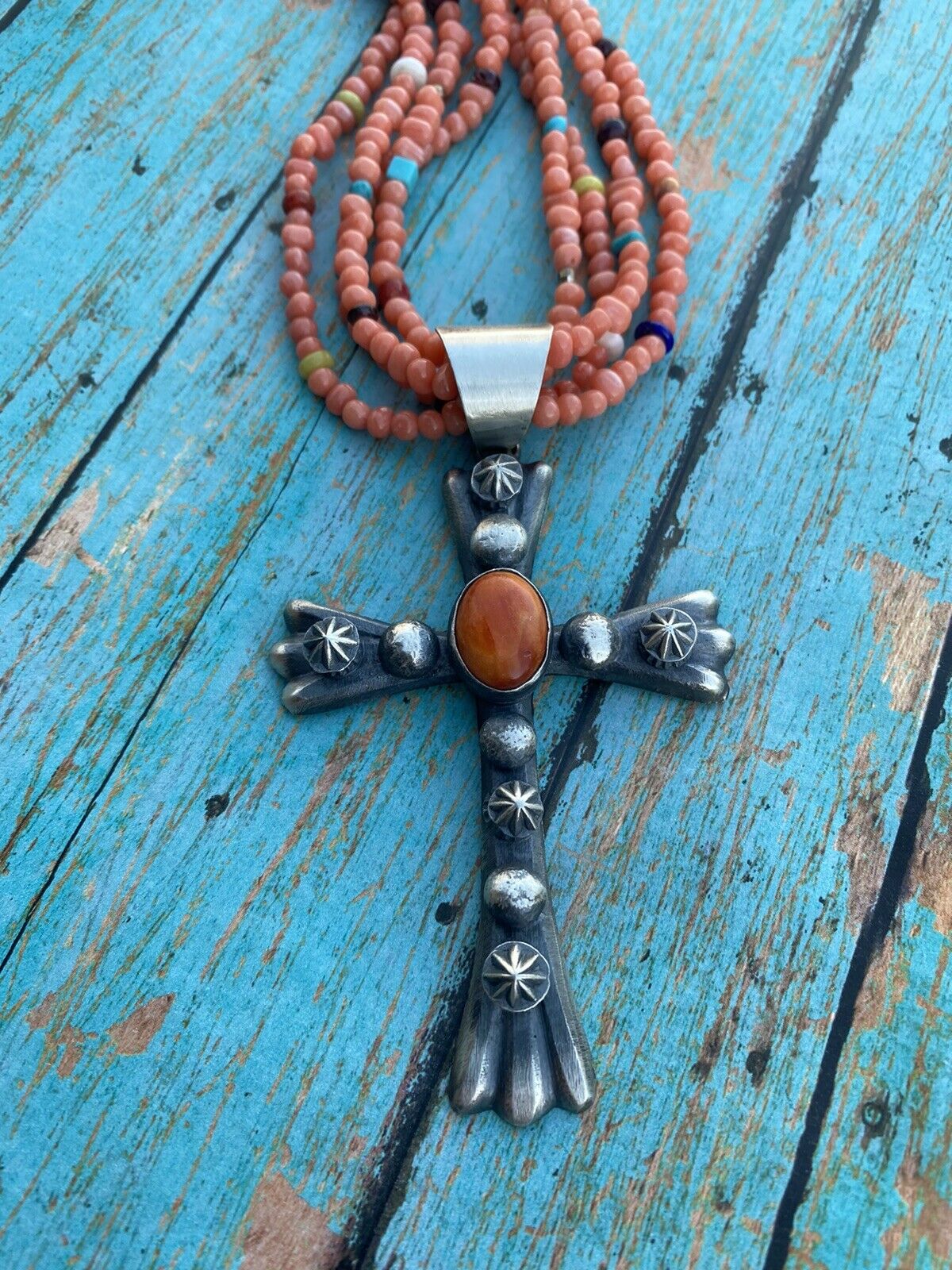 Navajo Sterling Silver & Orange Spiny Shell Cross Pendant Chimney Butte