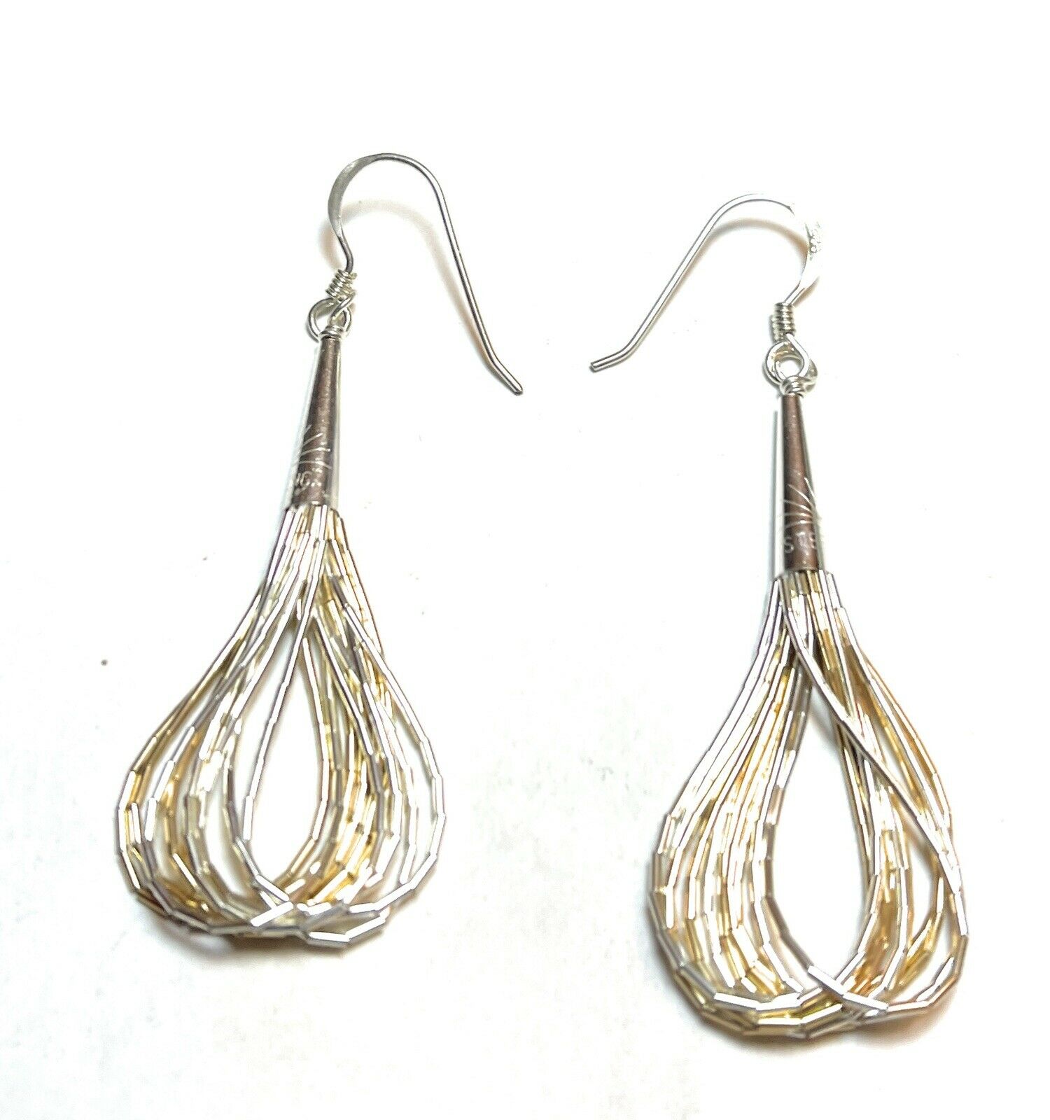 Handcrafted Delicate Sterling Liquid Silver Two Tone Dangle Earrings