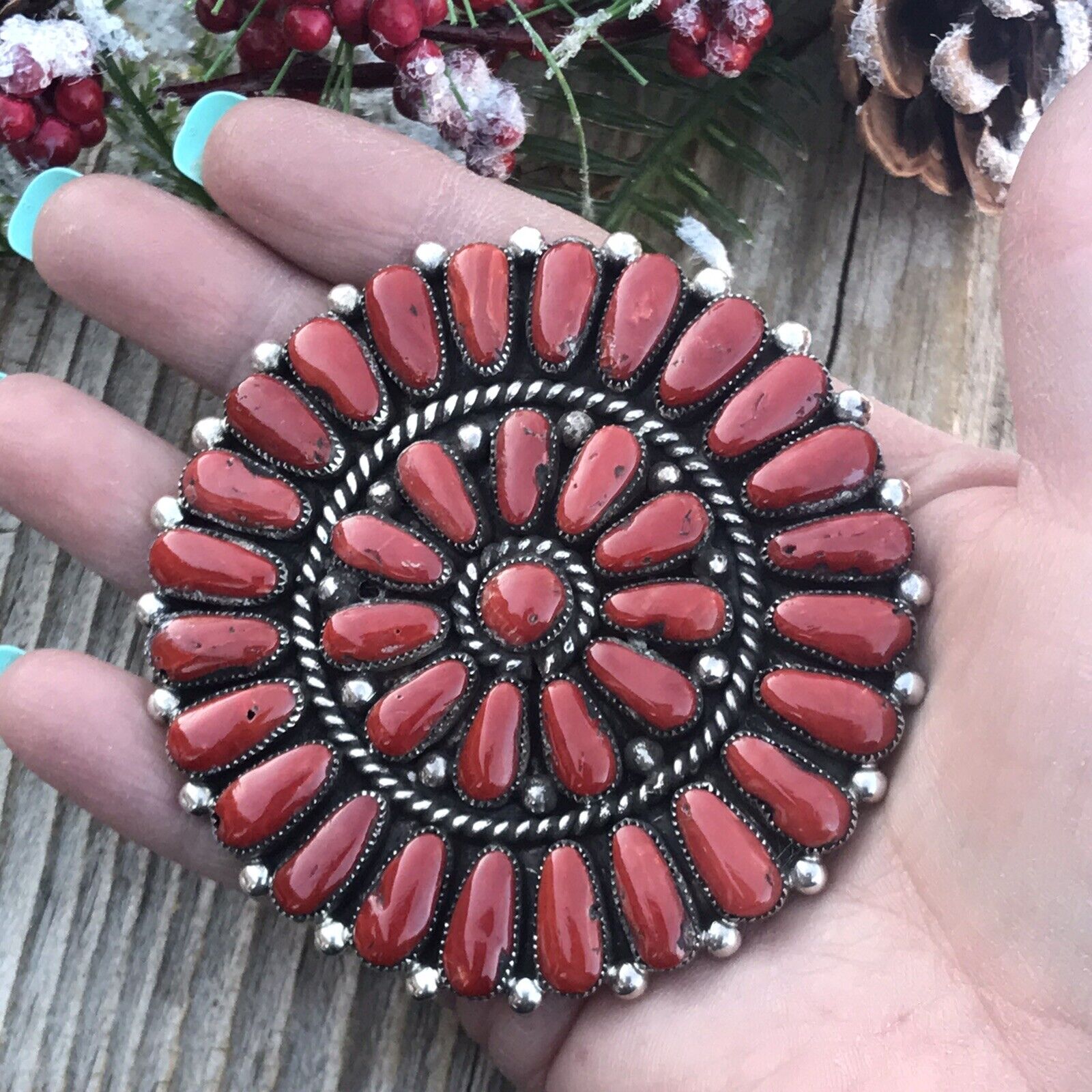 Navajo Jumbo Sterling Silver Natural Red Coral Cluster Pendant/pin Signed