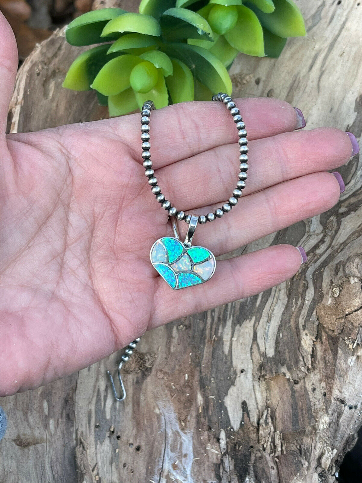 Zuni Iridescent Blue & White Opal & Sterling Silver Heart Pendant