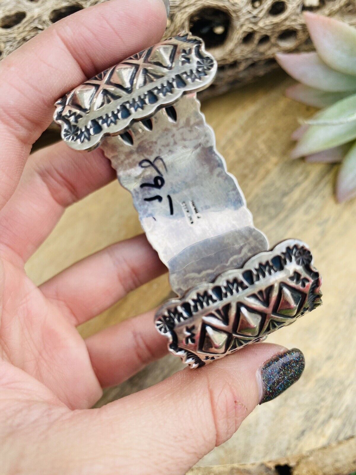 Vintage Navajo Turquoise & Sterling Silver Hand Stamped Cuff Bracelet /