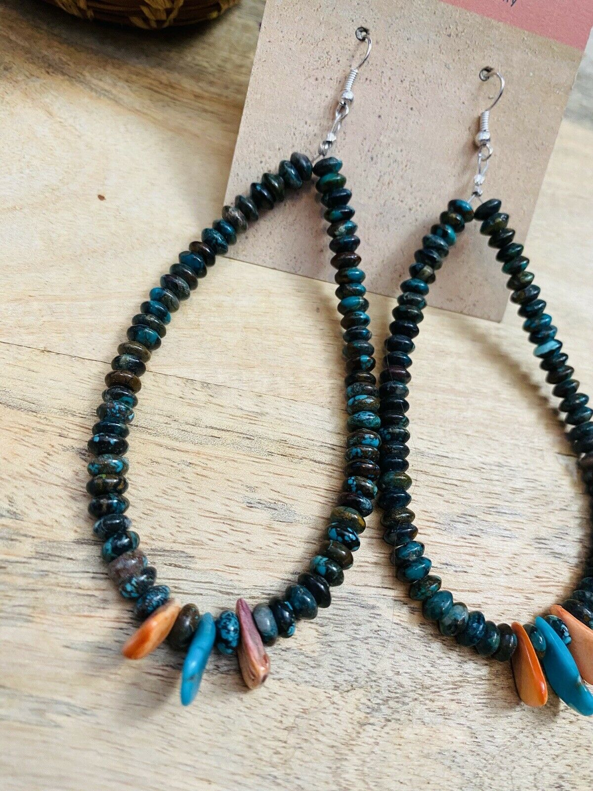 Turquoise & Spiny Oyster Beaded Dangle Hoop Earrings