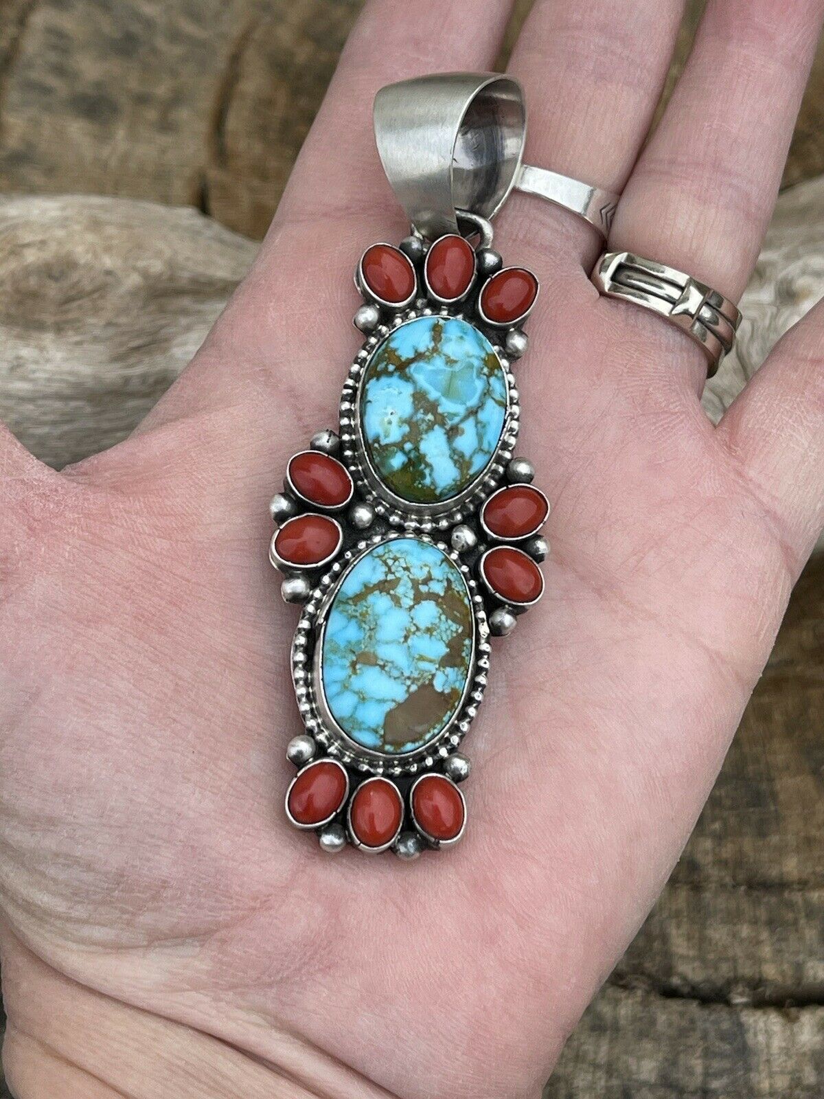 Handcrafted Sterling Kingman Web Turquoise & Red Coral Taos Pendant Bea Tom