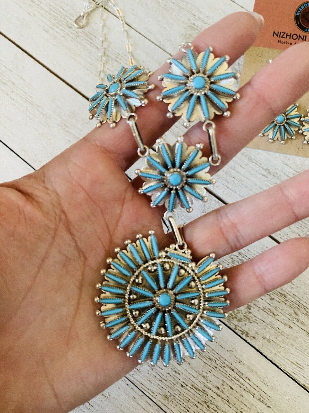 Zuni Sterling Silver & Turquoise Needlepoint Necklace & Earring Set Signed