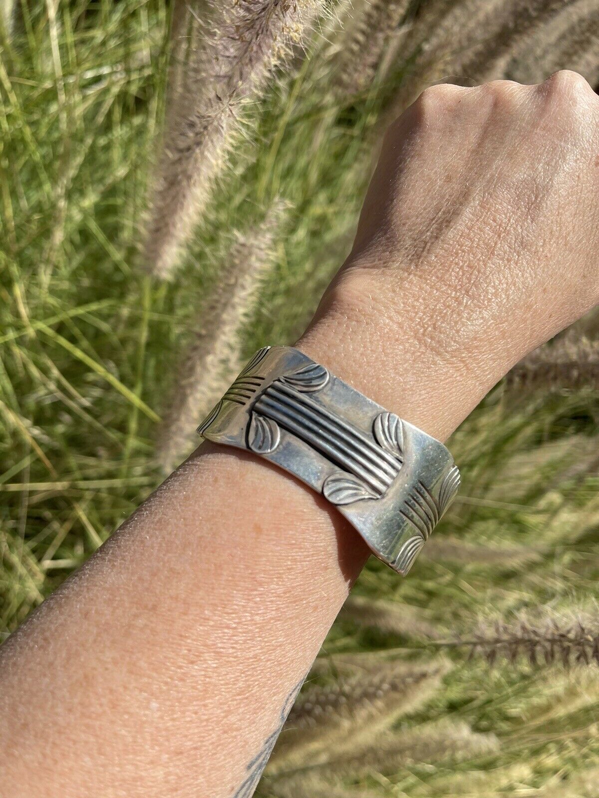 Handcrafted Vintage Sterling Silver Sleek Lined Cuff Bracelet by Steve Yellowhorse