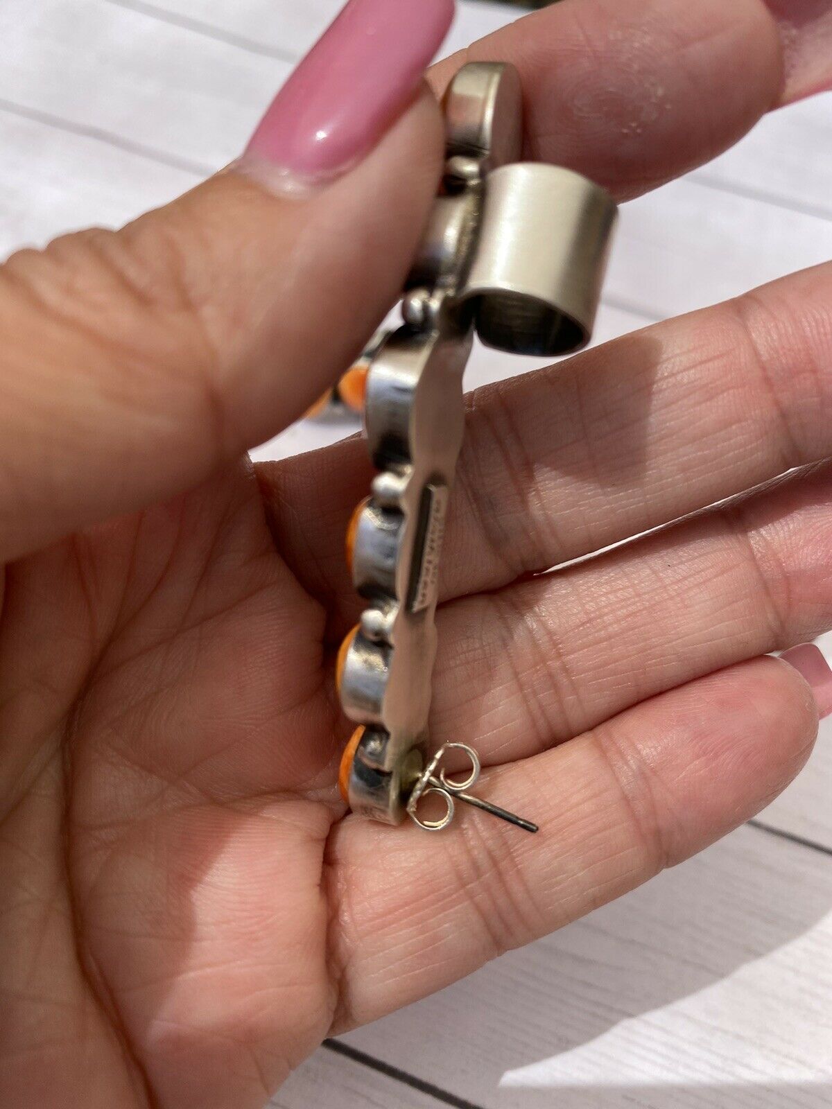 Handcrafted Sterling Silver & Spiny Oyster Cuff Earrings Signed