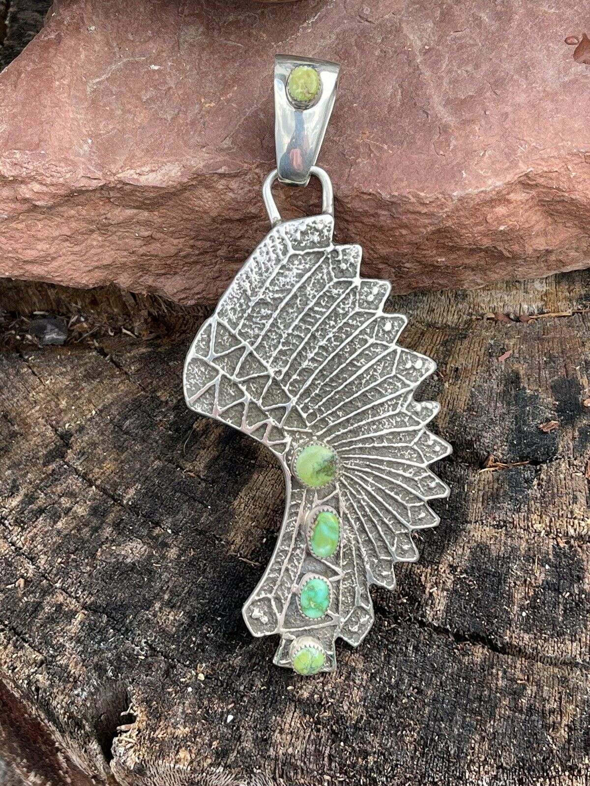 Handcrafted Sterling Silver Sonoran Gold Turquoise 4 Stone Indian Chief Pendant