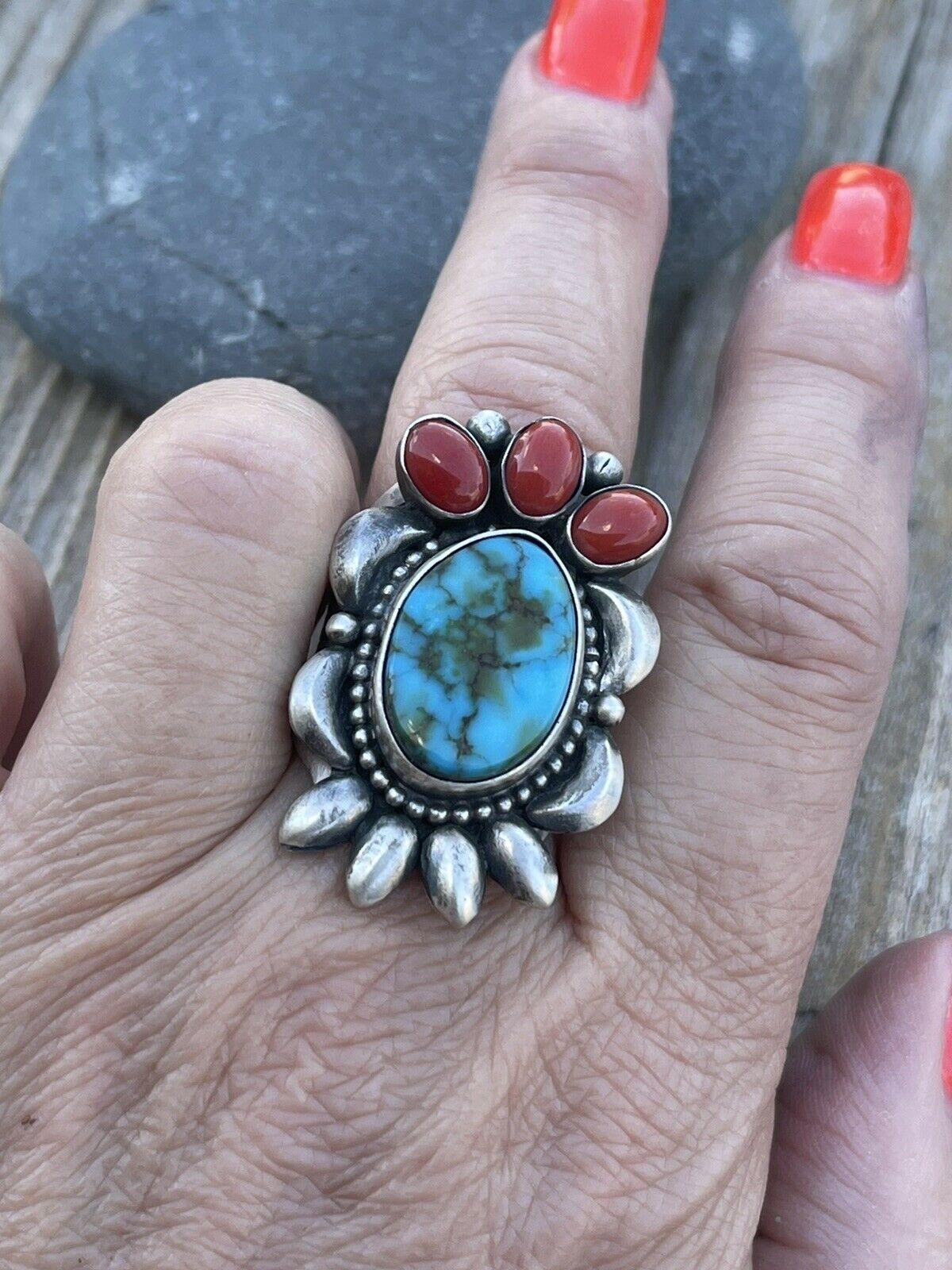 Handcrafted Sterling Silver Kingman Web Turquoise & Red Coral Taos Collection Ring Sz 6