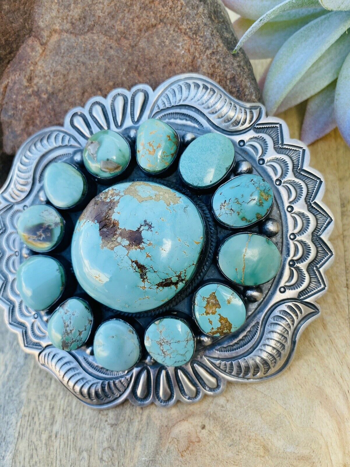 Handcrafted Stunning Vintage Number 8 Turquoise & Sterling Silver Belt Buckle Signed