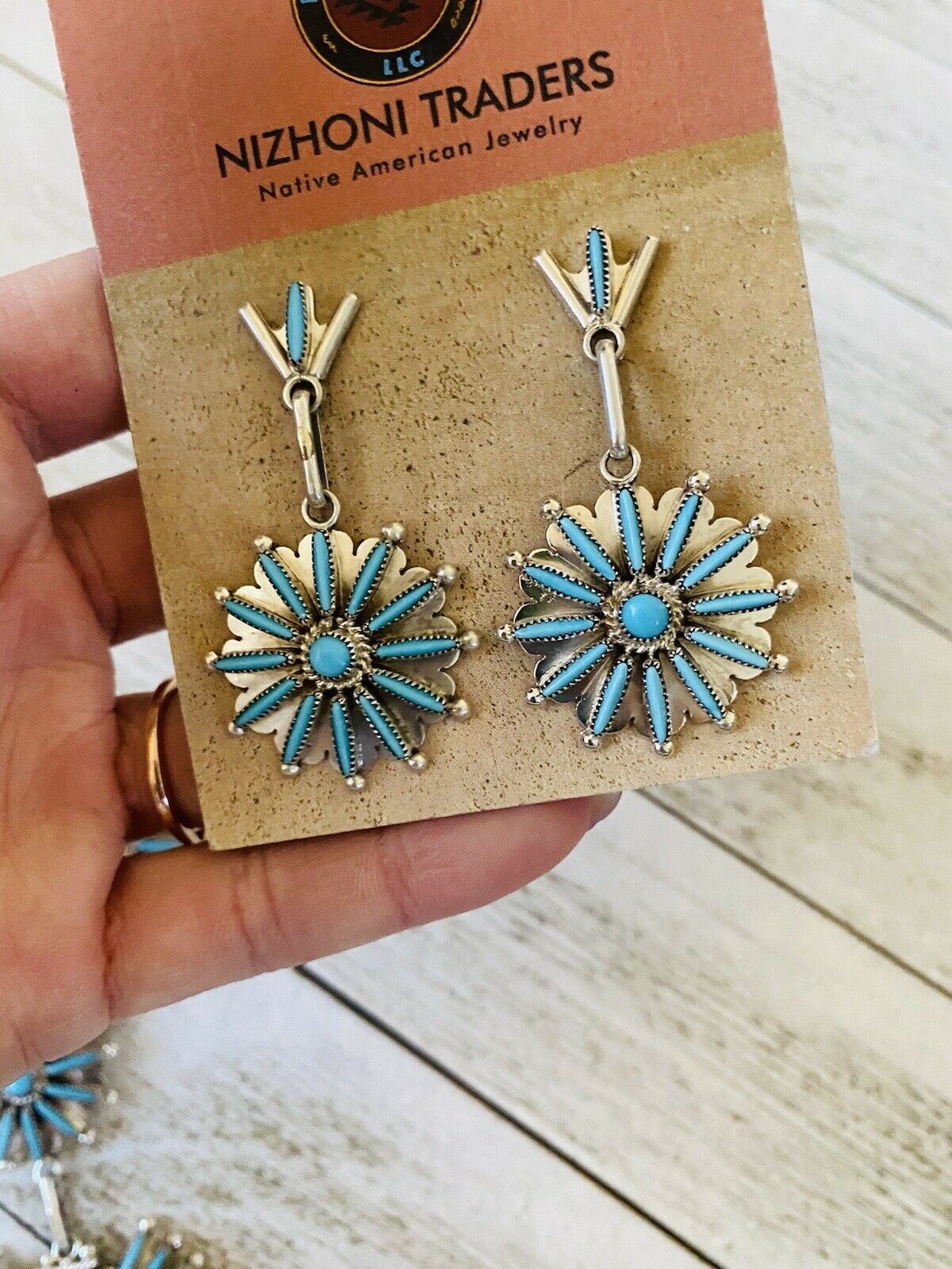 Zuni Sterling Silver & Turquoise Needlepoint Necklace & Earring Set Signed