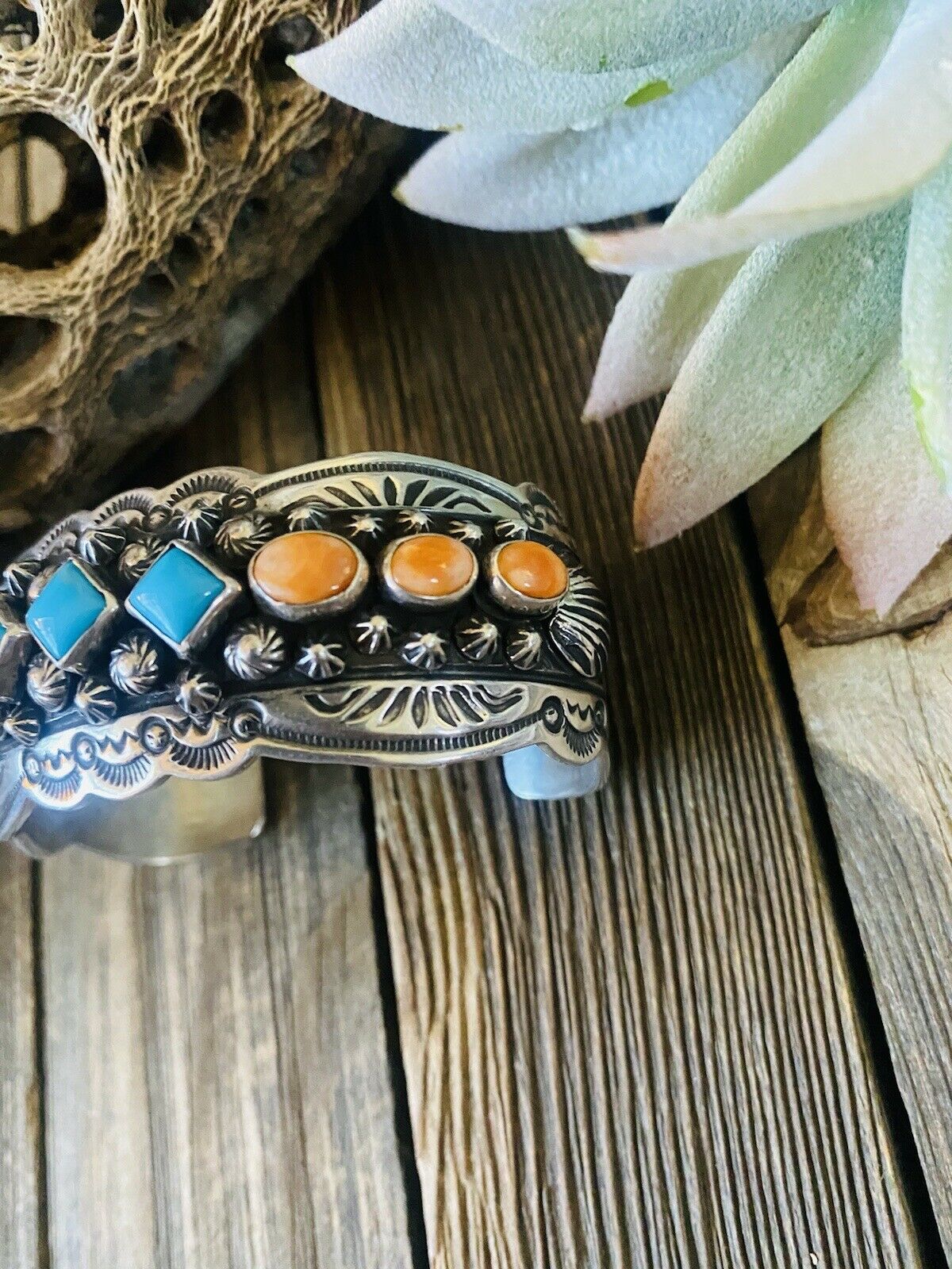 Handcrafted Orange Spiny, Turquoise & Sterling Silver Cuff Bracelet By Darryl Becenti /
