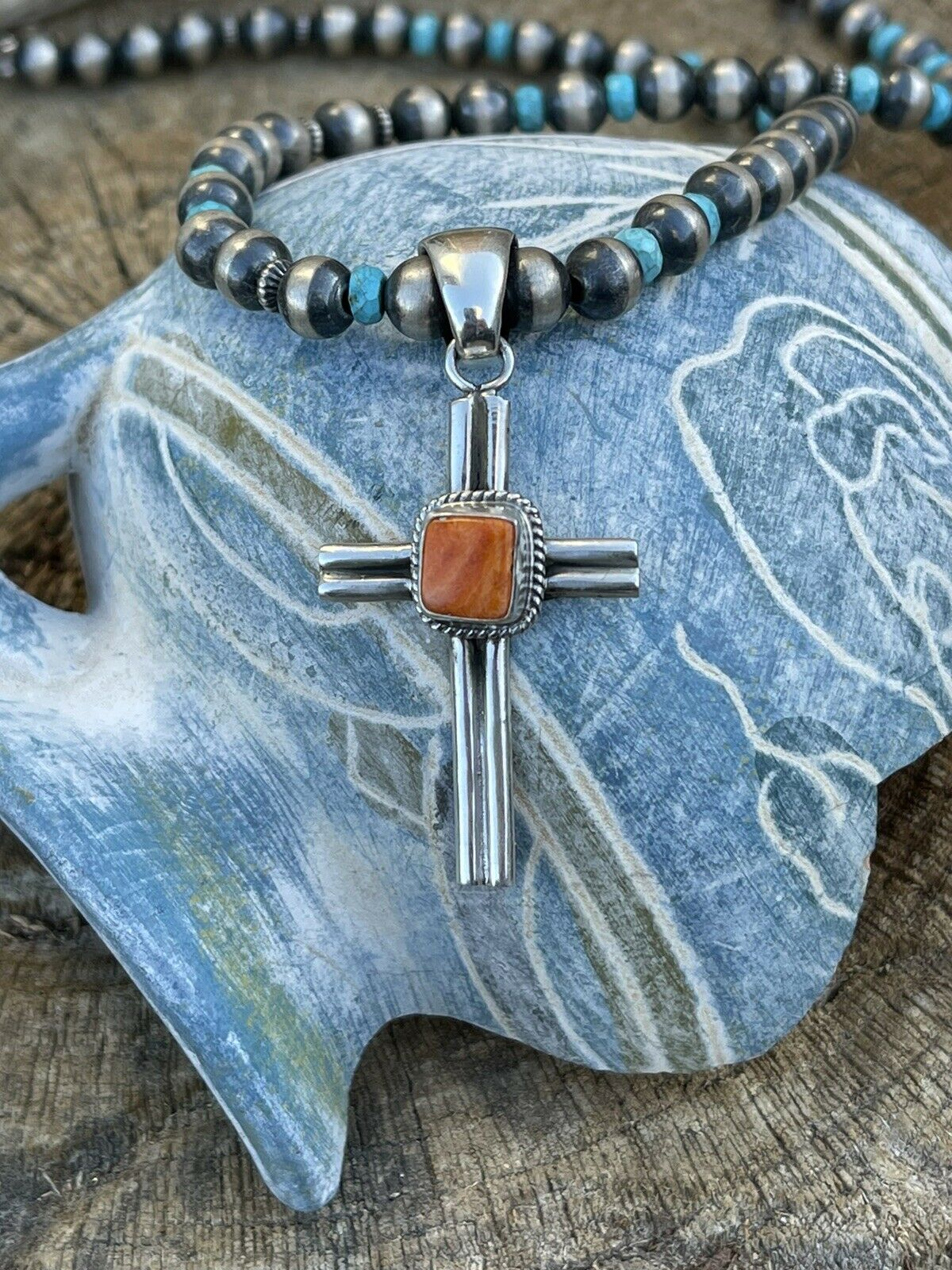 Handcrafted Sterling Silver & Orange Spiny Shell Cross Pendant Signed