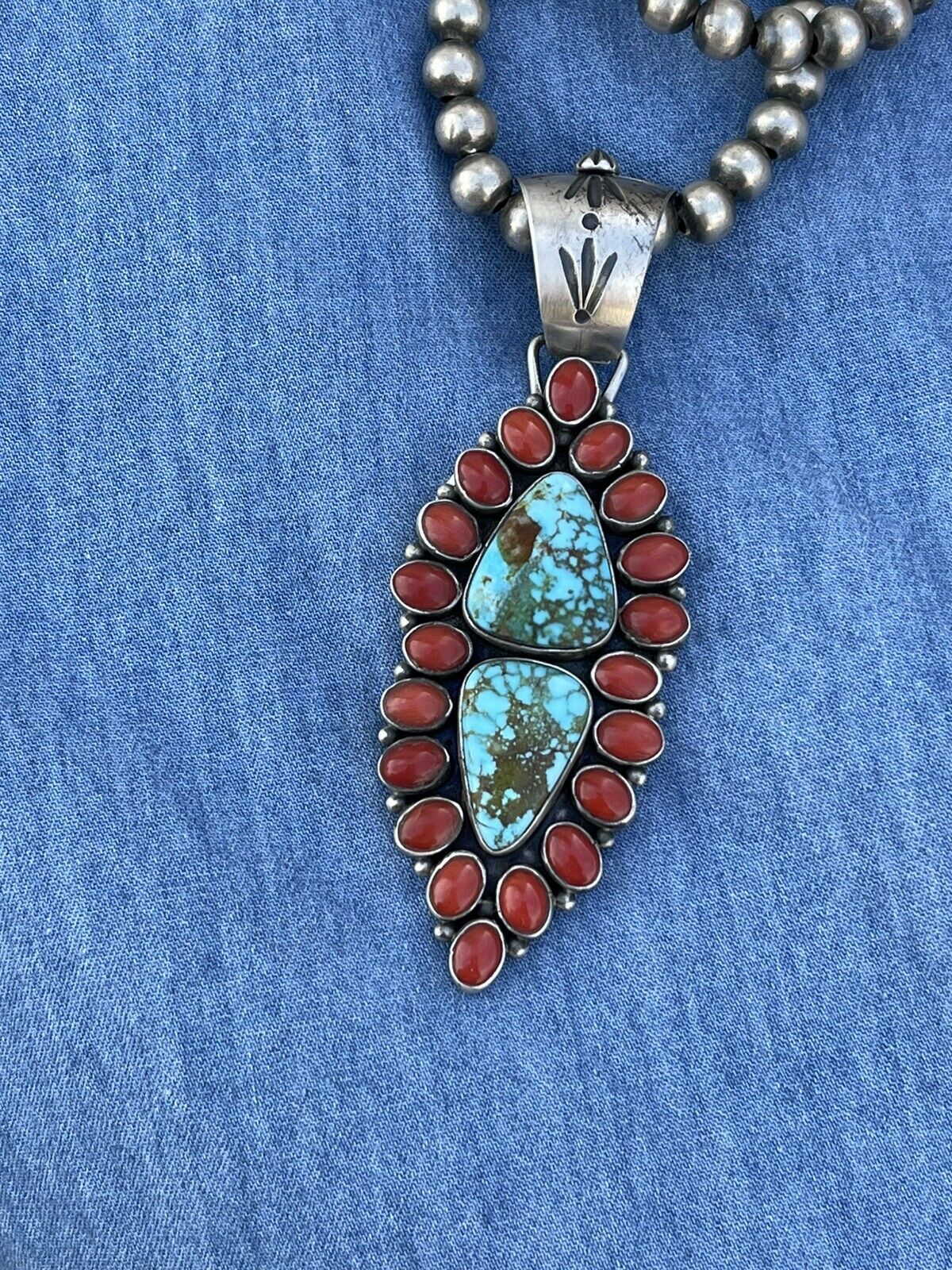 Handcrafted Sterling Silver 2 Stone Kingman Web Turquoise & Red Coral Taos Pendant