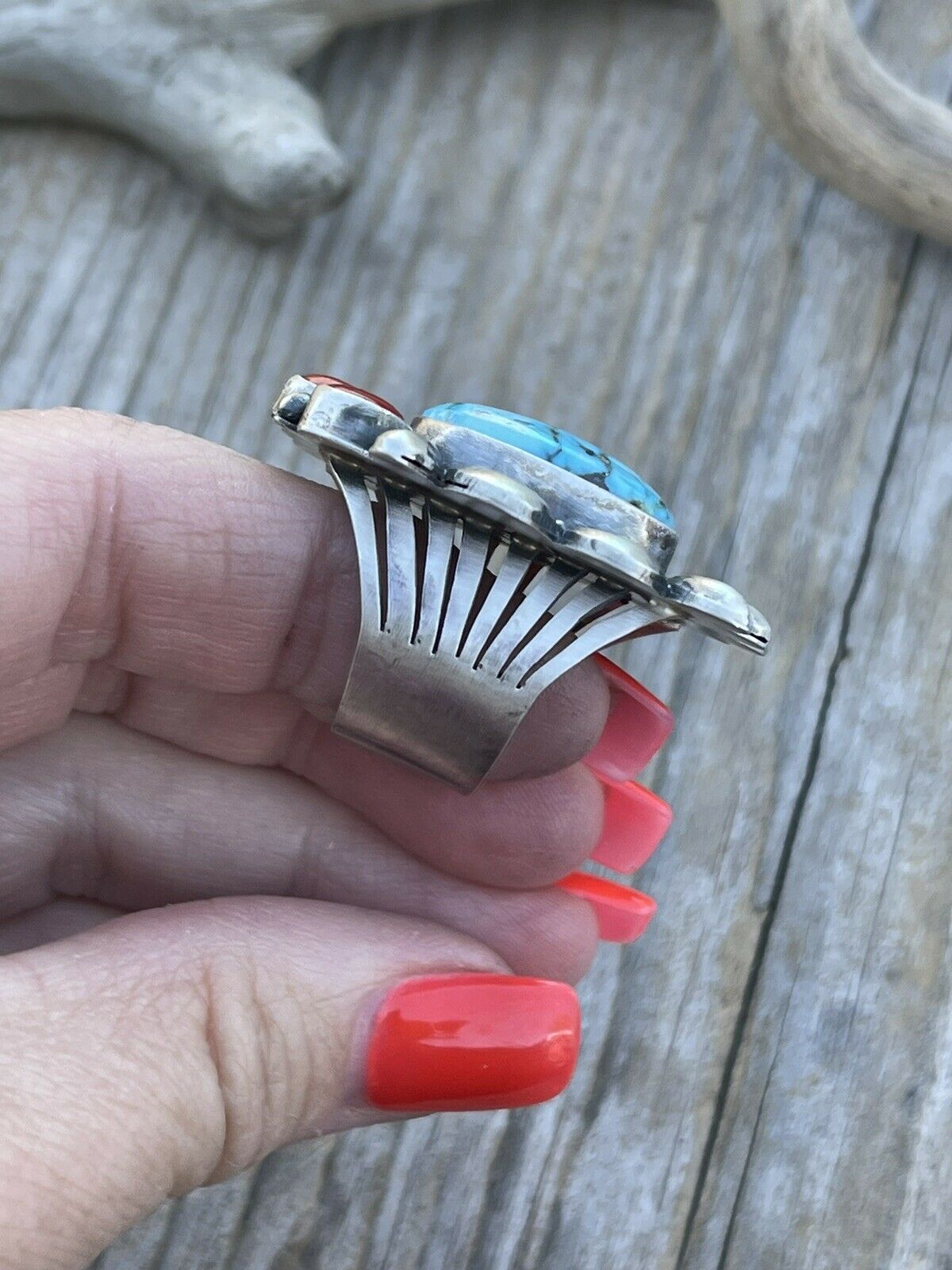 Navajo Sterling Kingman Web Turquoise & Red Coral Taos Collection Ring by Danny Clark, Sz 6.5