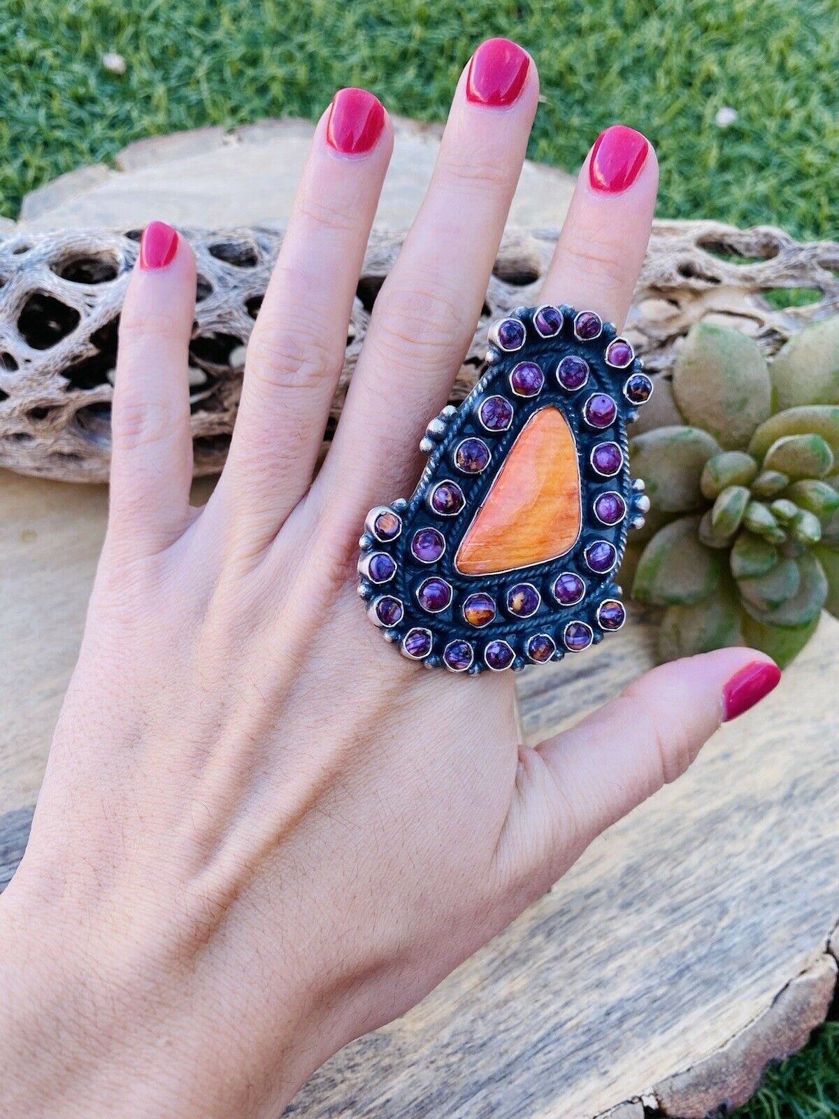 Handcrafted Sterling Silver & Purple & Orange Spiny Cluster Ring Size 7.5