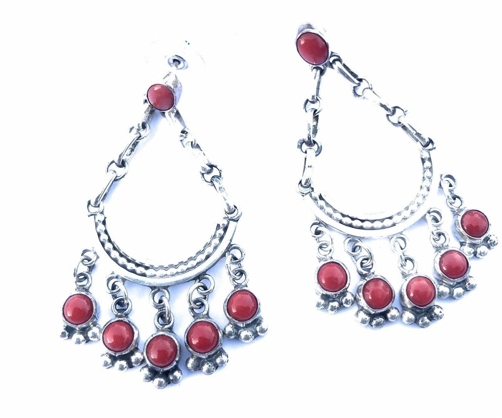 Handcrafted Natural Red Coral Sterling Silver Chandelier Style Dangle Earrings