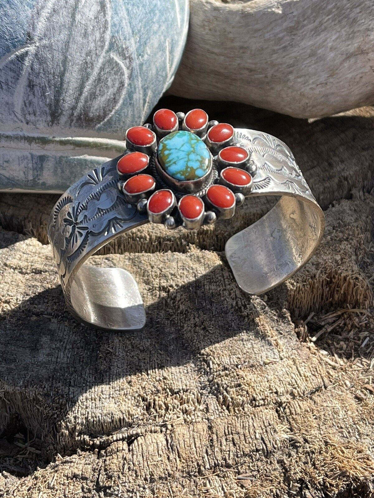 Navajo Sterling Kingman Web Turquoise & Red Coral Taos Bracelet Cuff by Bobby Johnson /