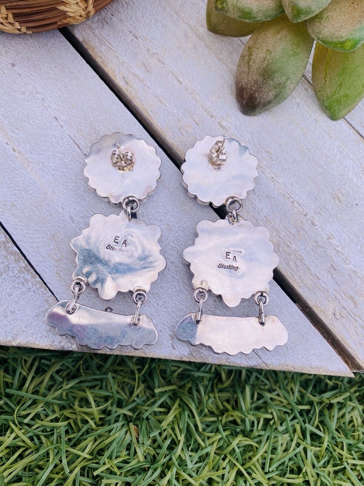 Handcrafted Turquoise and Sterling Silver Cluster Dangle Post Earrings