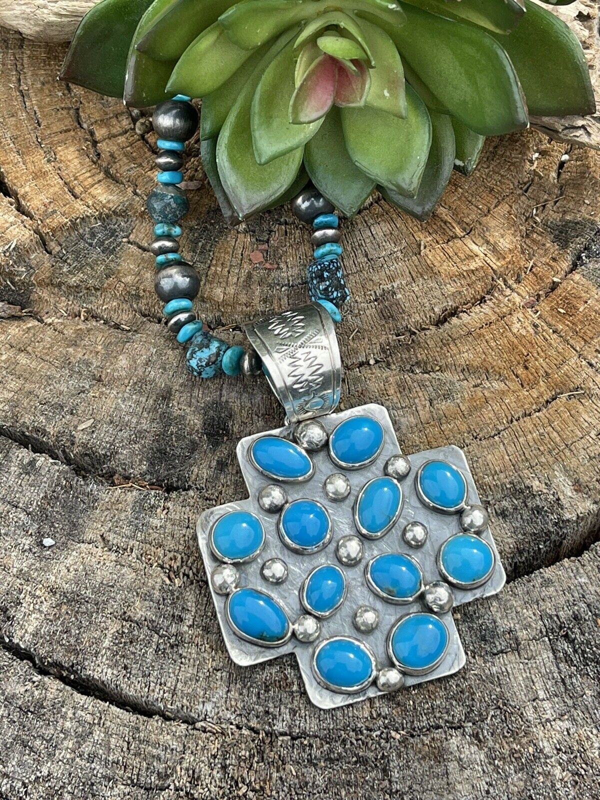 Handcrafted Mountain Blue Turquoise & Sterling Silver Southwest Cross Pendant Signed