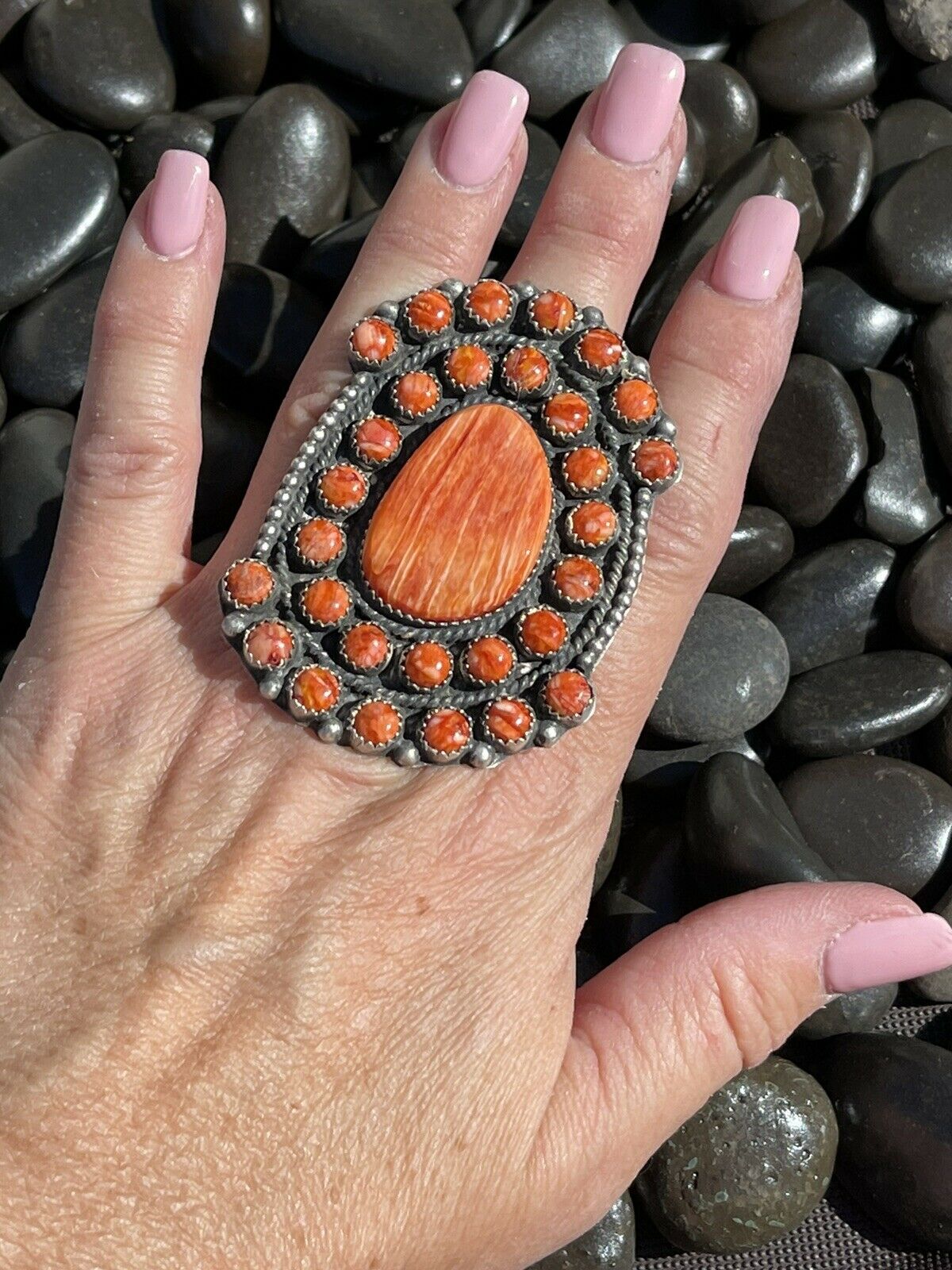 Handcrafted Sterling Silver Orange Spiny Cluster Jumbo Ring Sz 7.5